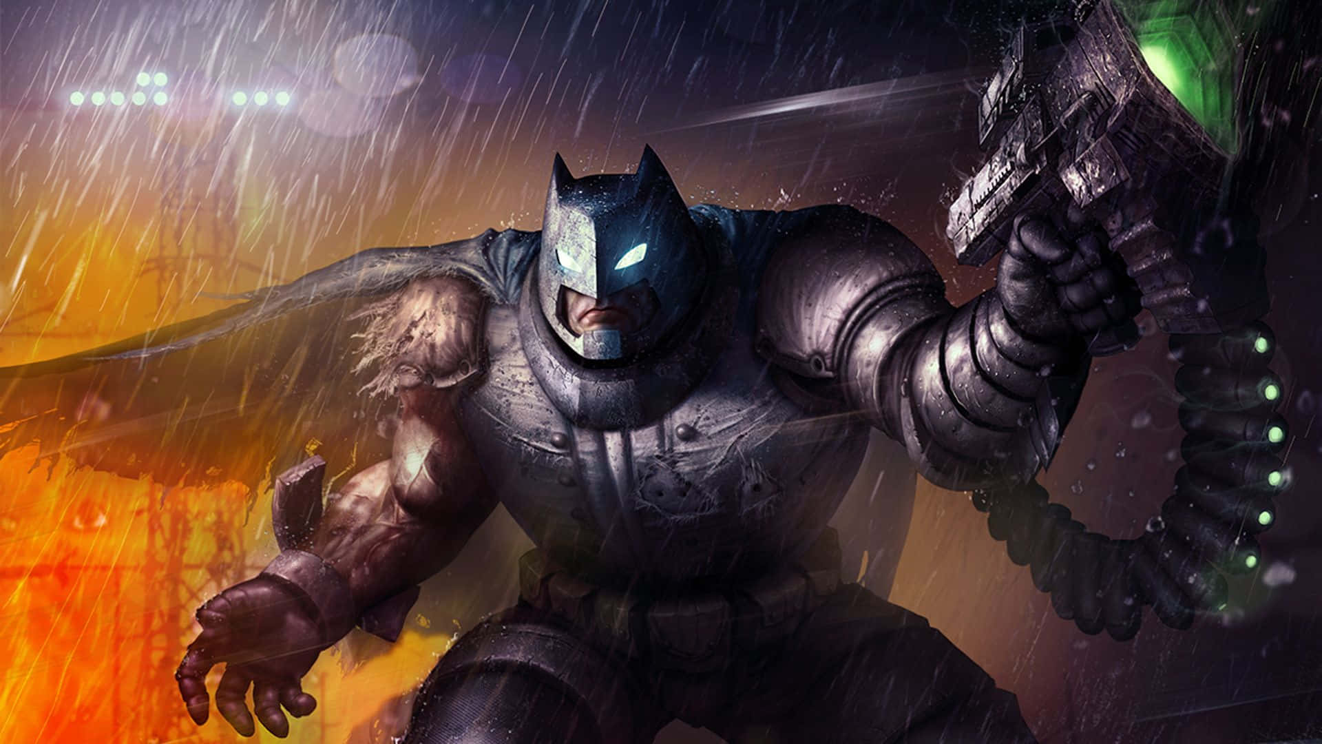 Batman The Dark Knight Returns 桌布 壁紙 — 蝙蝠俠身穿裝甲服，在雨中手持發光的綠色武器，以火橙色背景為襯，傲然挺立。