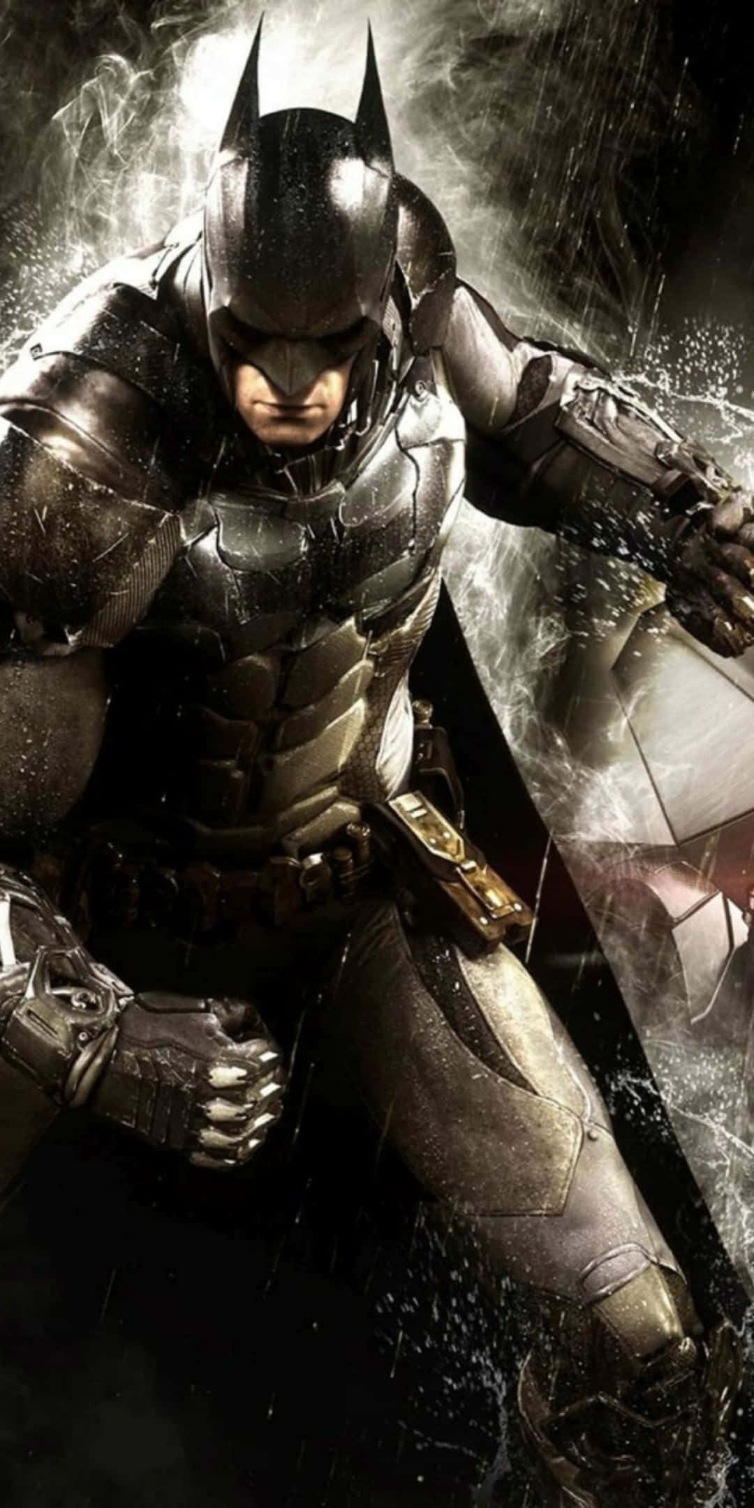 Pixel 3 Batman Arkham City 桌布 壁紙 — 蝙蝠俠身穿裝甲服，在雨中挑釁地站立，水花在他銳利的目光周圍飛濺。