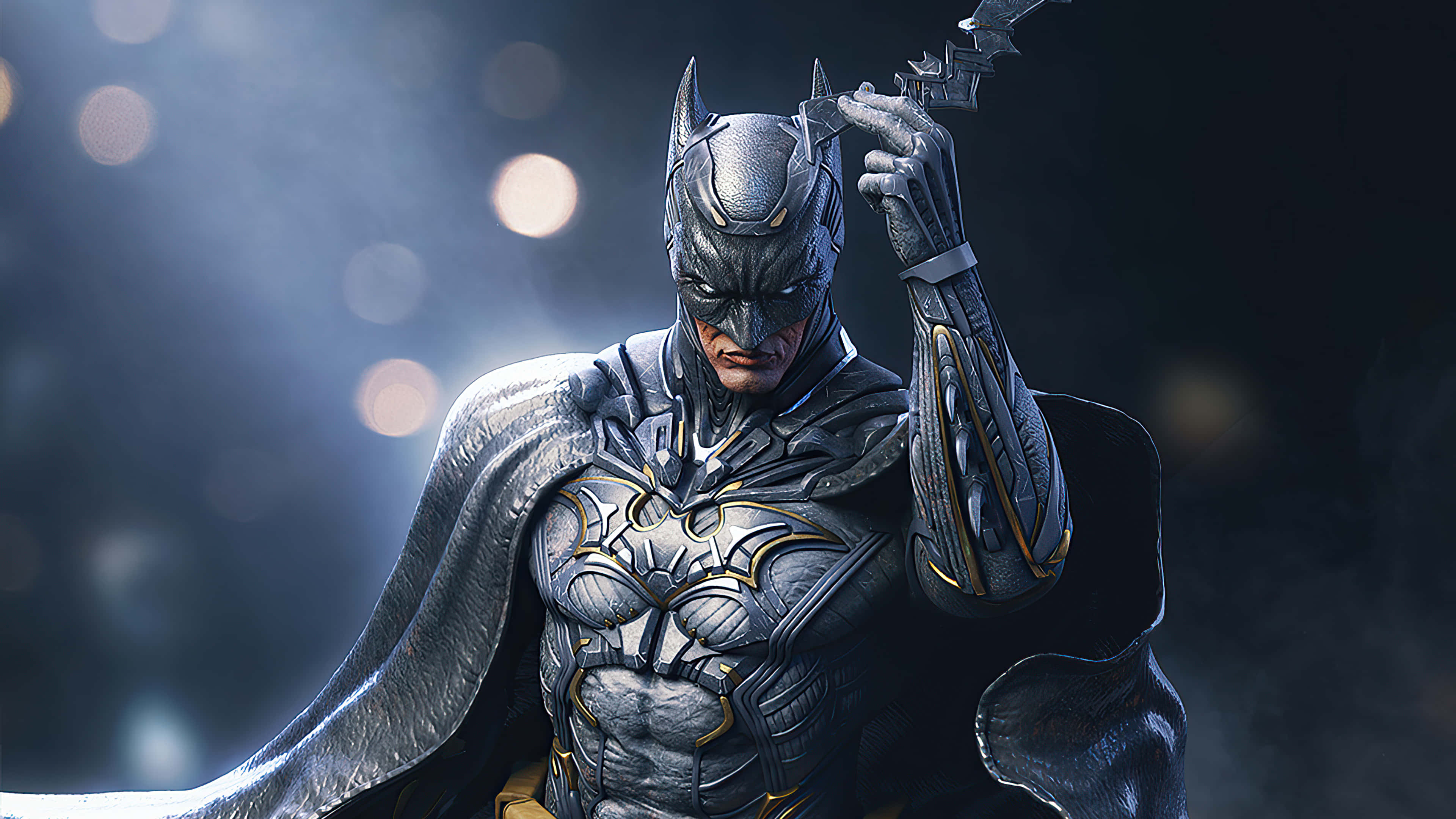 1920 X 1080 Batman 桌布 壁紙 — 蝙蝠俠身穿裝甲服，在黑暗散景背景下手持蝙蝠鏢，帶有戲劇性燈光。