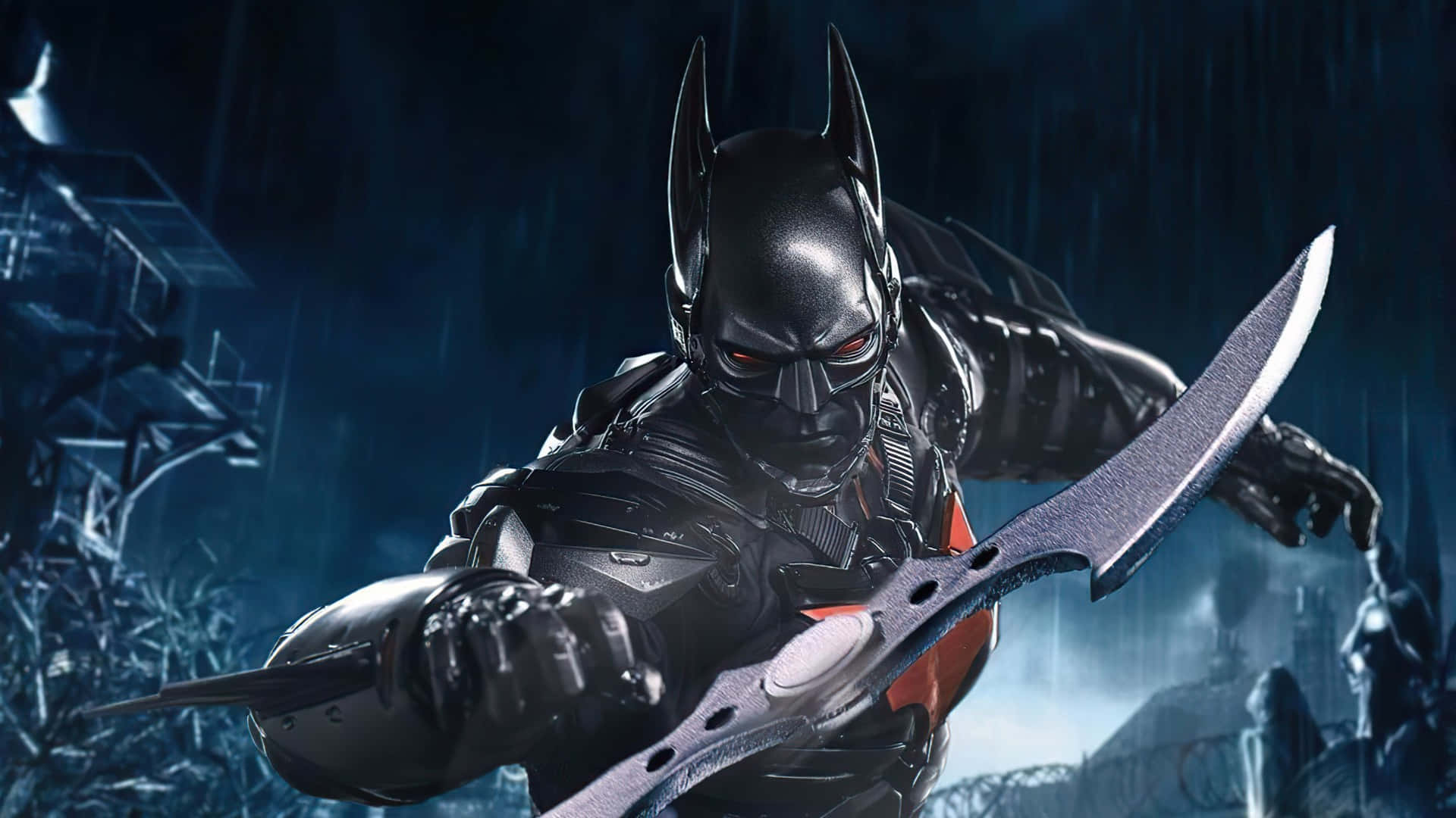 1920 X 1080 Batman 桌布 壁紙 — 蝙蝠俠身穿裝甲服，在黑暗的城市小巷中於雨中揮舞彎曲的刀刃。