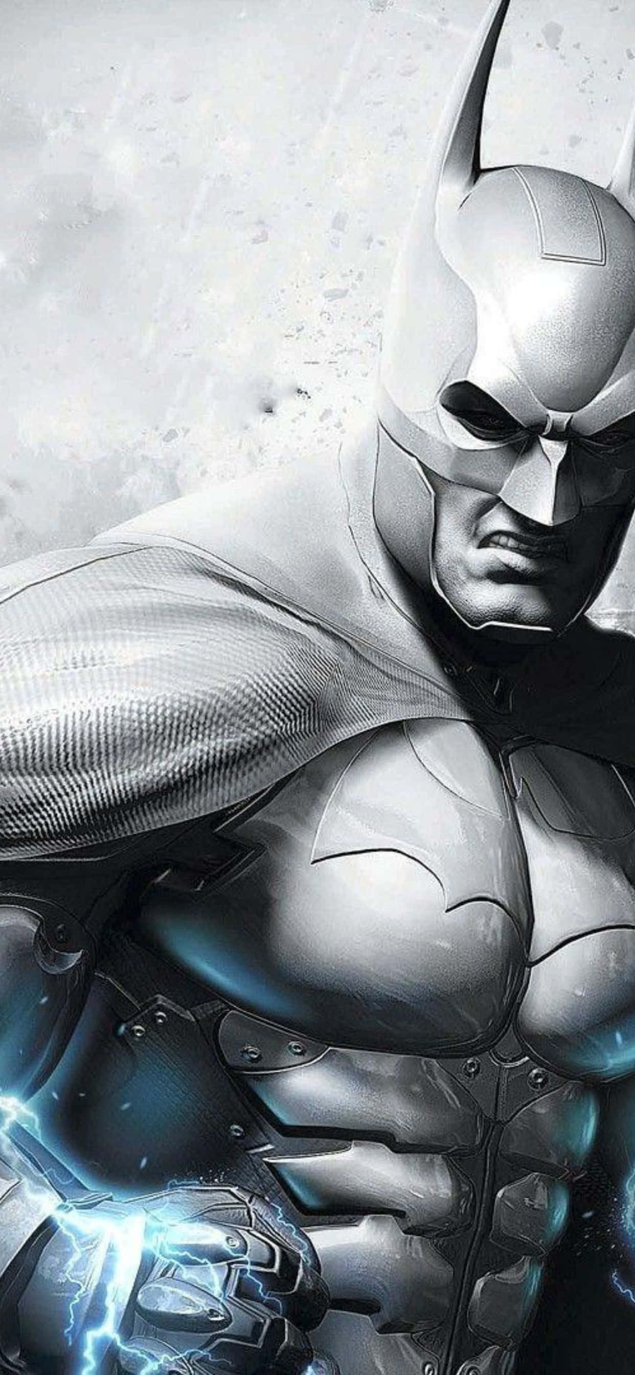 iPhone Xs Max Batman Arkham City 桌布 壁紙 — 蝙蝠俠身穿裝甲服，戴著發光的藍色護手，站在粗糙的黑白城市環境中。