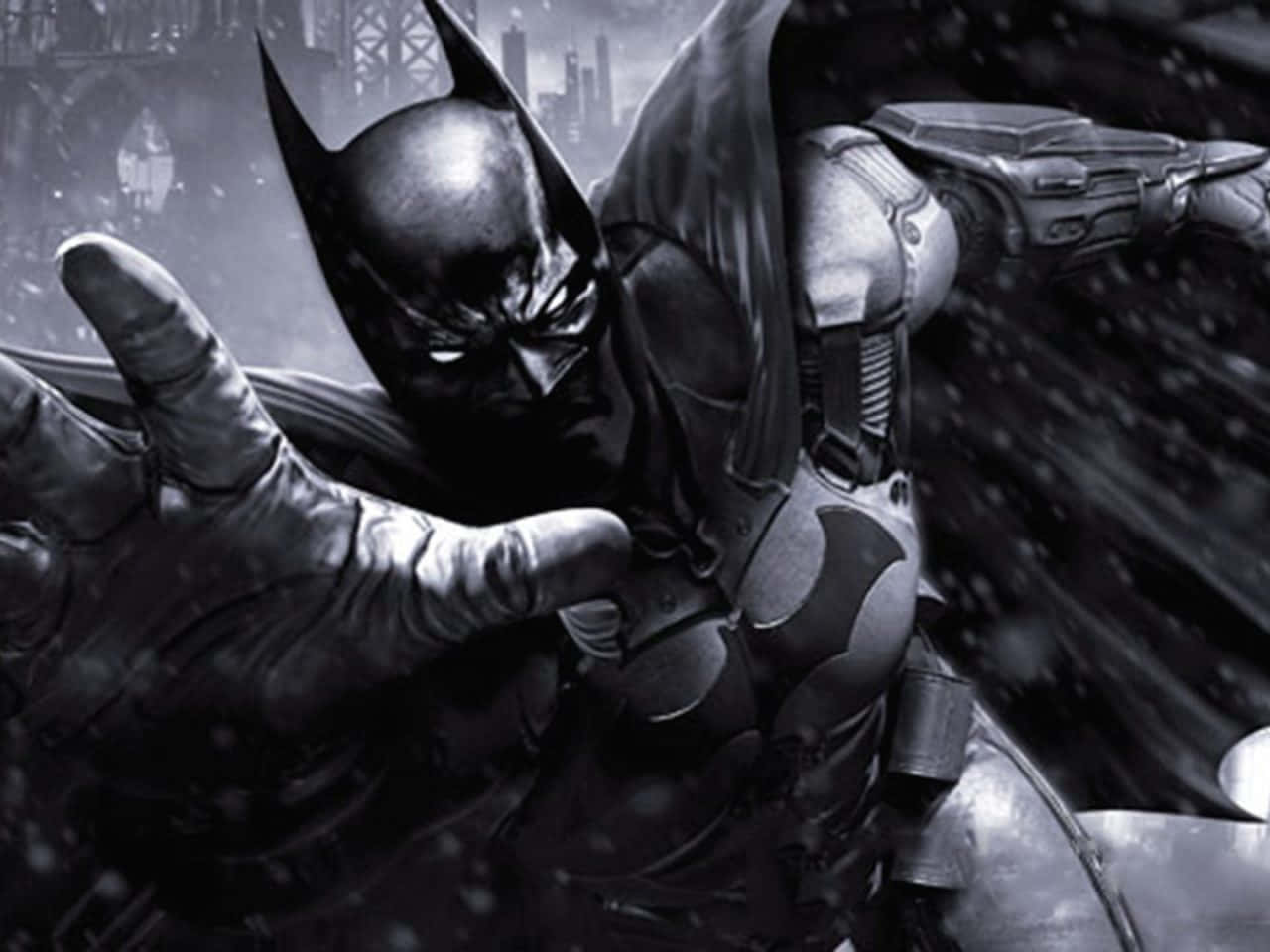 Batman Arkham Origins 桌布 壁紙 — 蝙蝠俠身穿裝甲服，披風飄揚，神情堅定地滑翔穿過積雪的哥譚市景觀。