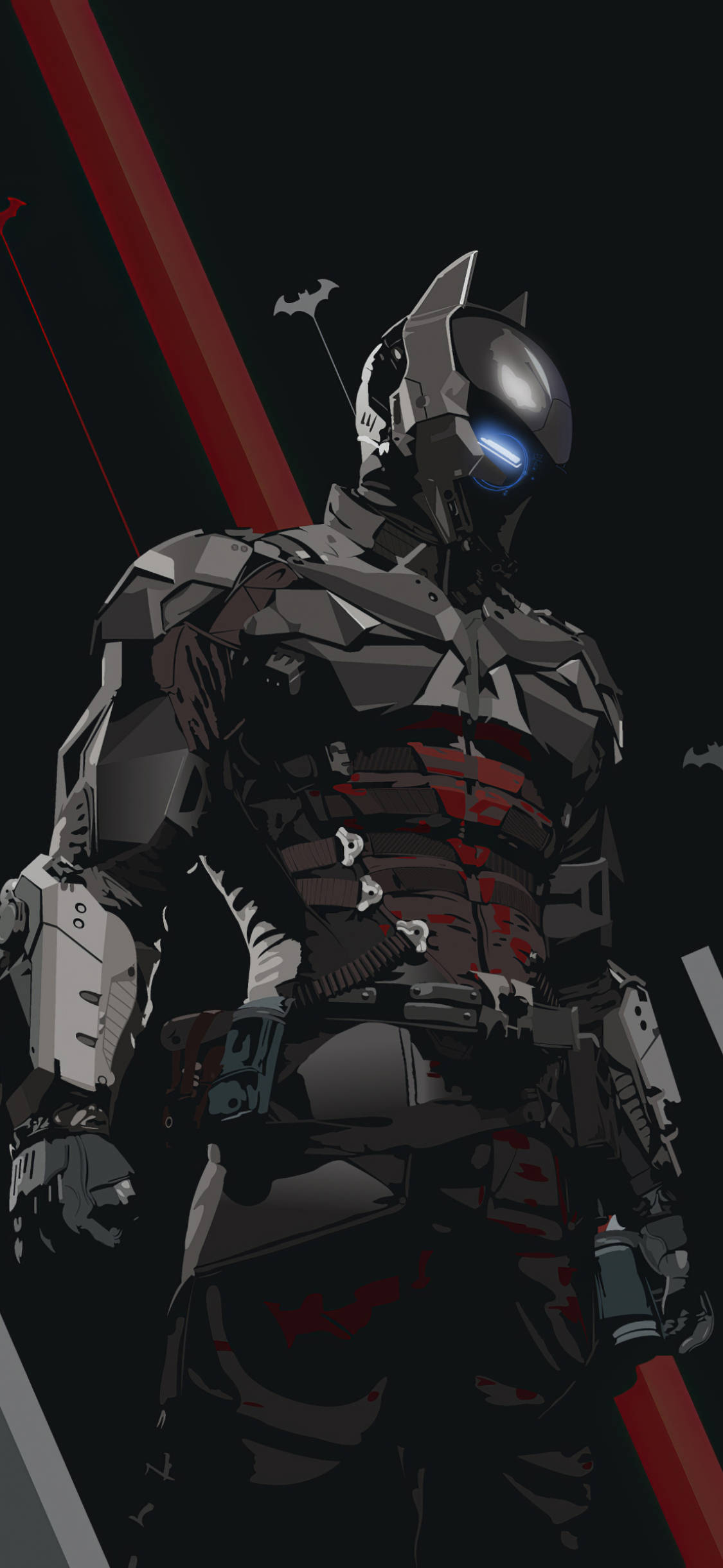 Arkham 桌布 壁紙 — 蝙蝠俠身穿裝甲服，藍色眼睛發光，站在帶有紅色條紋和蝙蝠符號的黑暗背景前。