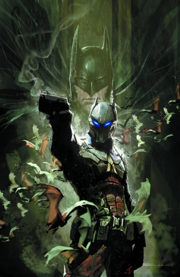 batman arkham city iPhone 桌布 壁紙 — 蝙蝠俠身穿裝甲服，藍色眼睛發光，在黑暗綠色迷霧森林中，蝙蝠圍繞著他飛舞，他挑釁地站立著。