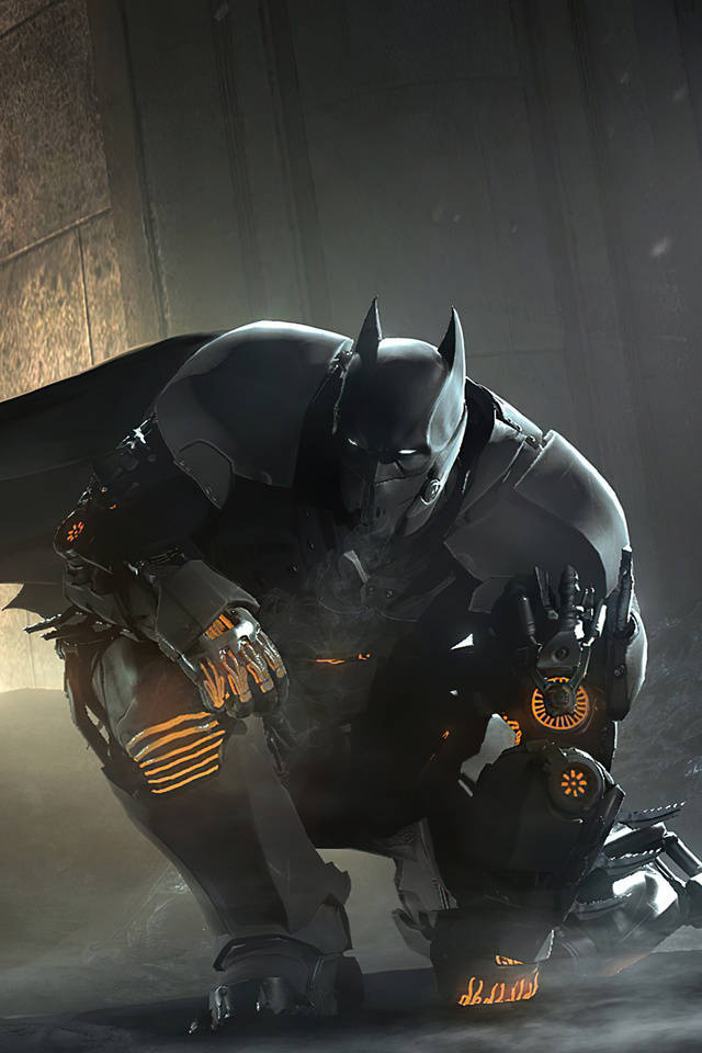Arkham 桌布 壁紙 — 蝙蝠俠身穿裝甲服在昏暗的工業環境中蹲下，橙色發光點綴投射出戲劇性的陰影。