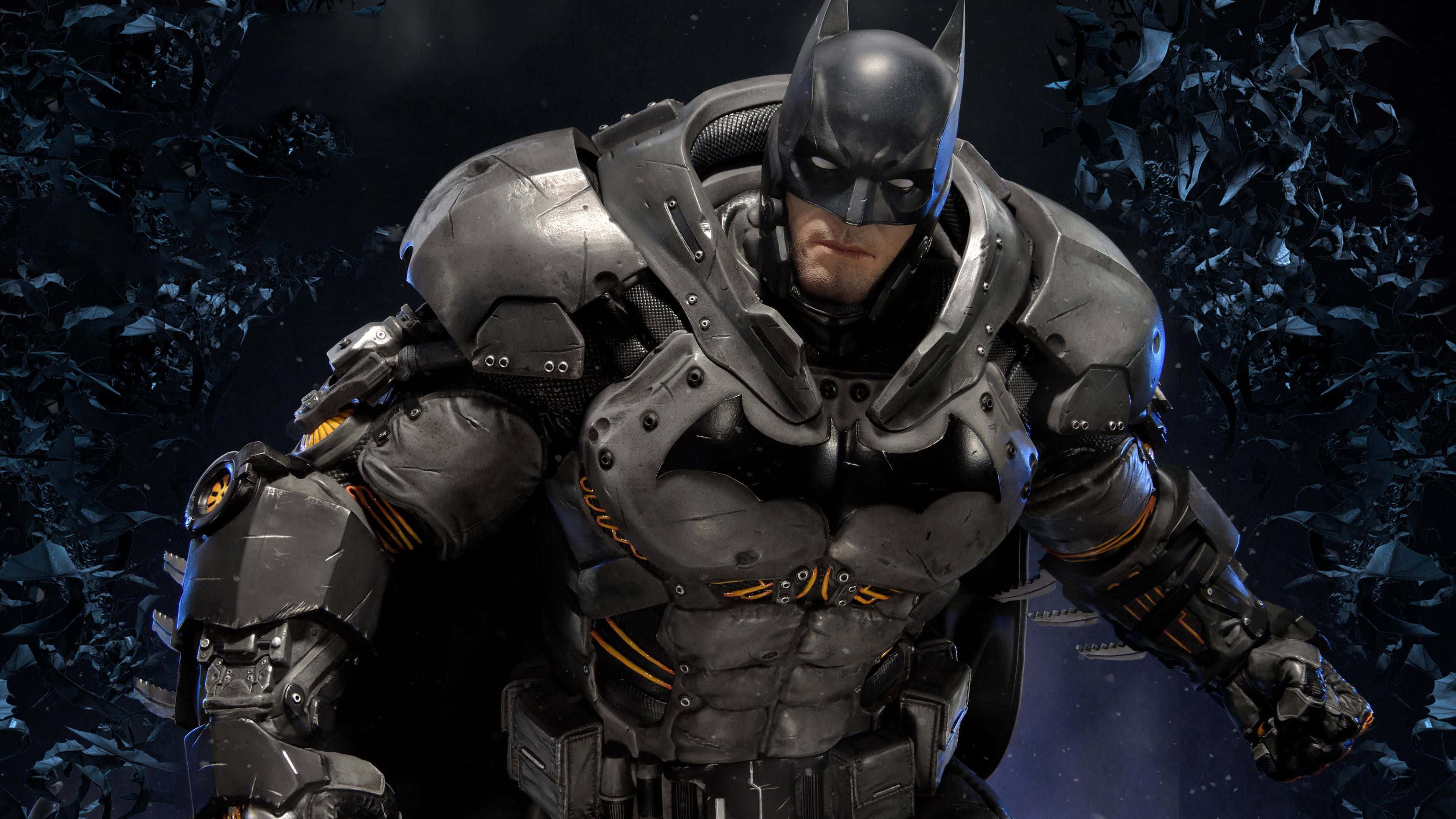 Batman Arkham Origins 桌布 壁紙 — 蝙蝠俠身穿重型裝甲，站在黑暗星空下的破碎瓦礫中。