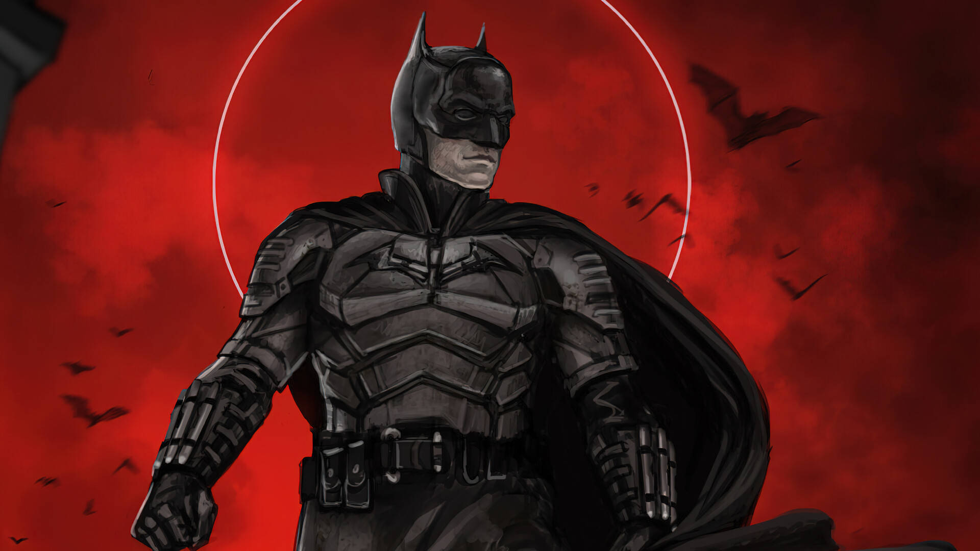 The Batman 桌布 壁紙 — 蝙蝠俠身穿黑色裝甲，站在鮮紅的天空下，蝙蝠飛舞，身後有一個發光的白色圓圈。
