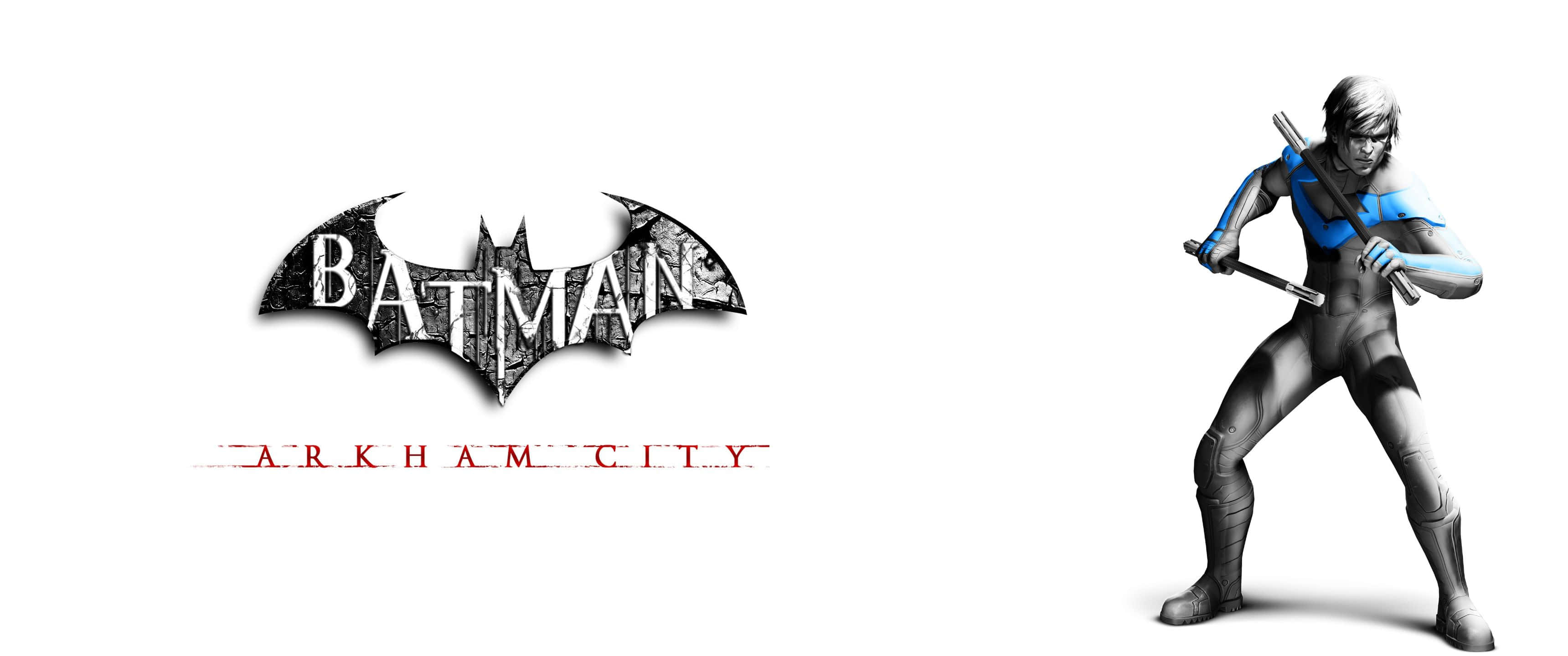 3440x1440p Batman Arkham City 桌布 壁紙 — 蝙蝠俠阿卡姆之城標誌，夜翼以動態姿勢手持雙棍，背景為白色。