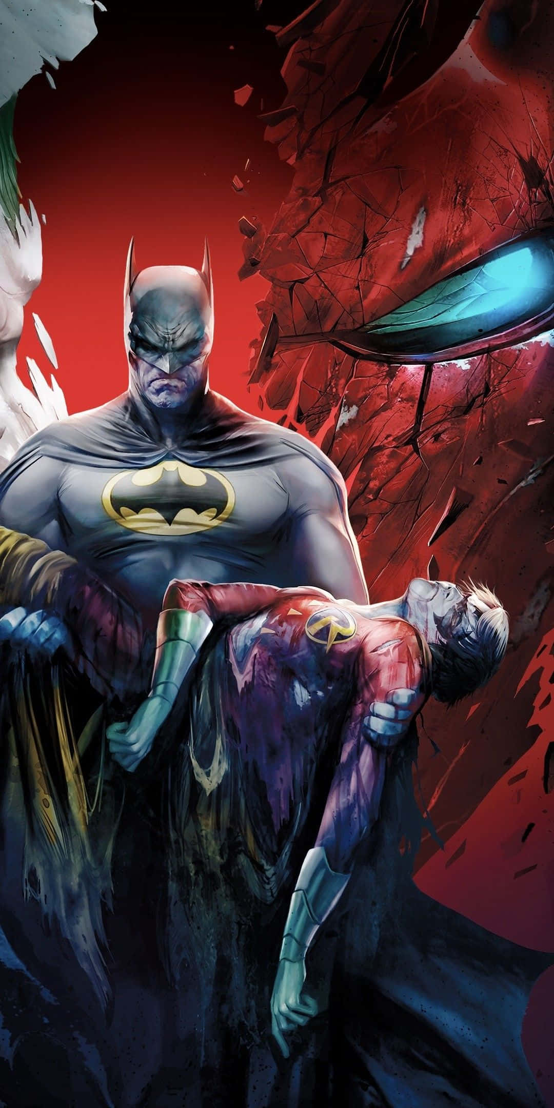Batman Death In The Family 桌布 壁紙 — 蝙蝠俠陰沉地抱著一位倒下的英雄，背景是破碎的紅色和黑色，藍色眼睛發光。
