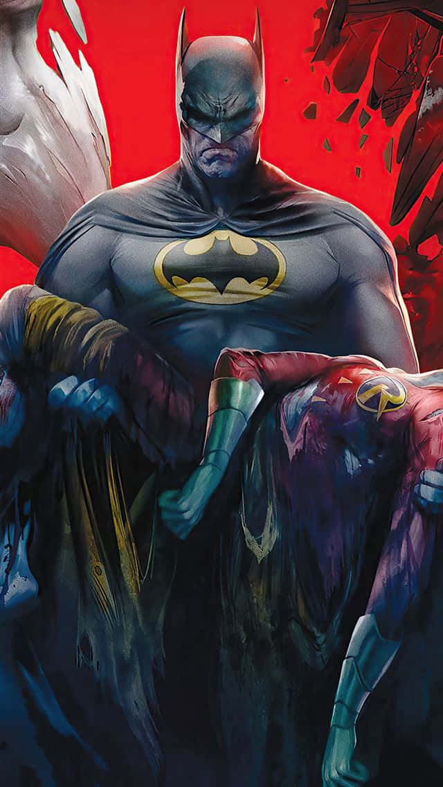 Batman Death In The Family 桌布 壁紙 — 蝙蝠俠陰沉地抱著倒下的閃電俠，背景是破碎的紅色，呈現出戲劇性的漫畫風格。