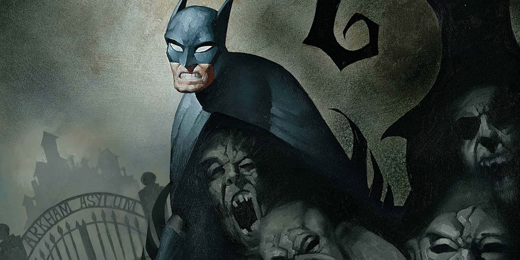Arkham Asylum 桌布 壁紙 — 蝙蝠俠陰沉地站在阿卡漢精神病院的背景下，陰影中浮現出威脅的面孔。