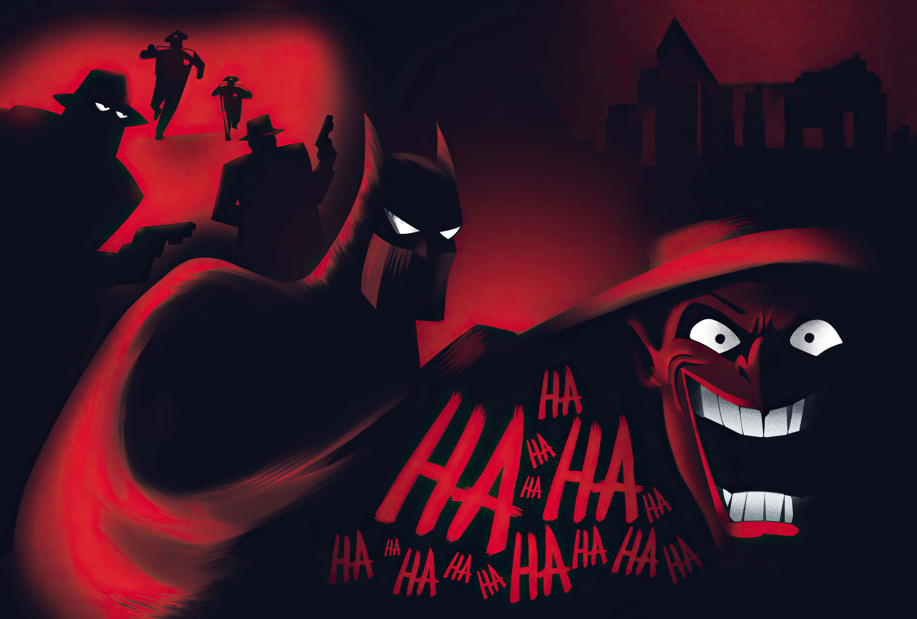Batman Comics 桌布 壁紙 — 蝙蝠俠面對一個大笑的紅色反派，背景有剪影槍手，身處暗紅色城市景觀。