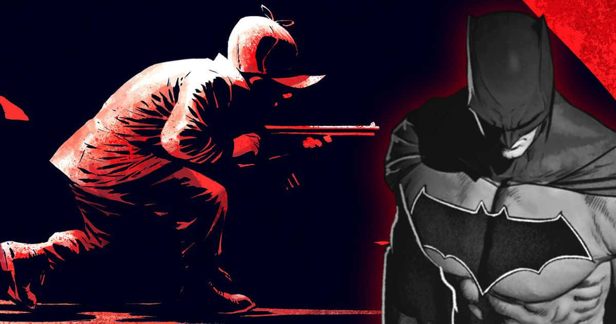 Batman Year One 桌布 壁紙 — 蝙蝠俠面對一個戴頭巾的持槍男子，以高對比漫畫風格呈現，紅色和黑色主導場景。