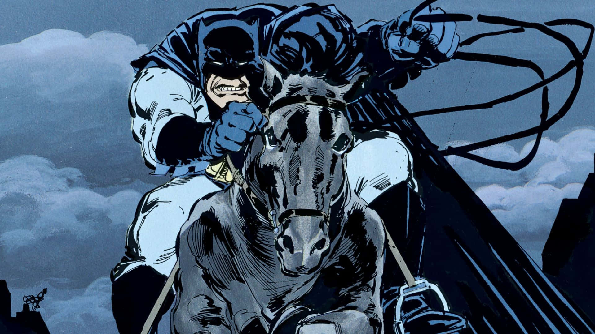 Batman The Dark Knight Returns 桌布 壁紙 — 蝙蝠俠騎著馬穿過風暴天空，斗篷飄揚，鞭子伸展。
