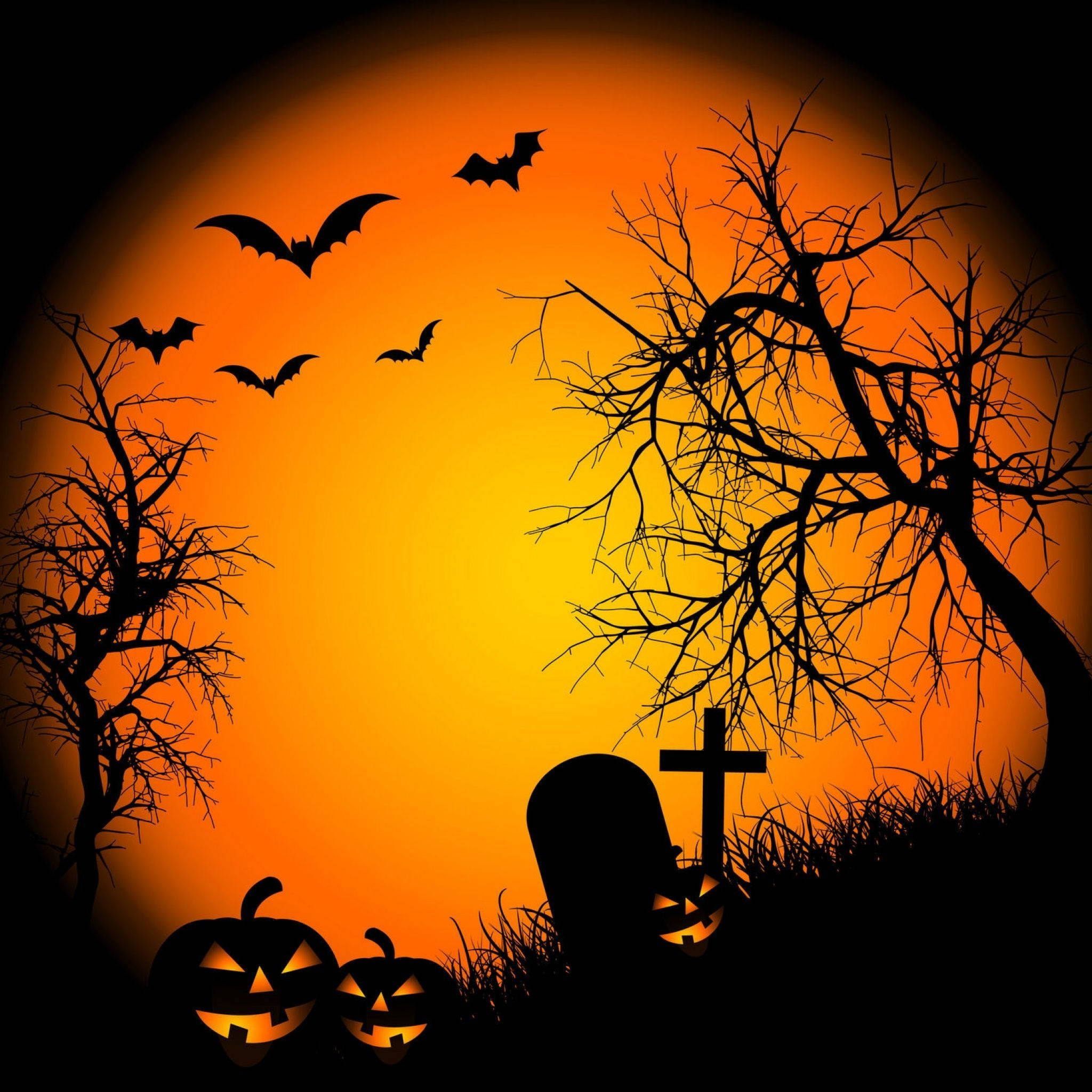Halloween iPad 桌布 壁紙 — 蝙蝠剪影在墳場上空翱翔，墳場有墓碑和傑克南瓜燈，背景是發光的橙色日落。
