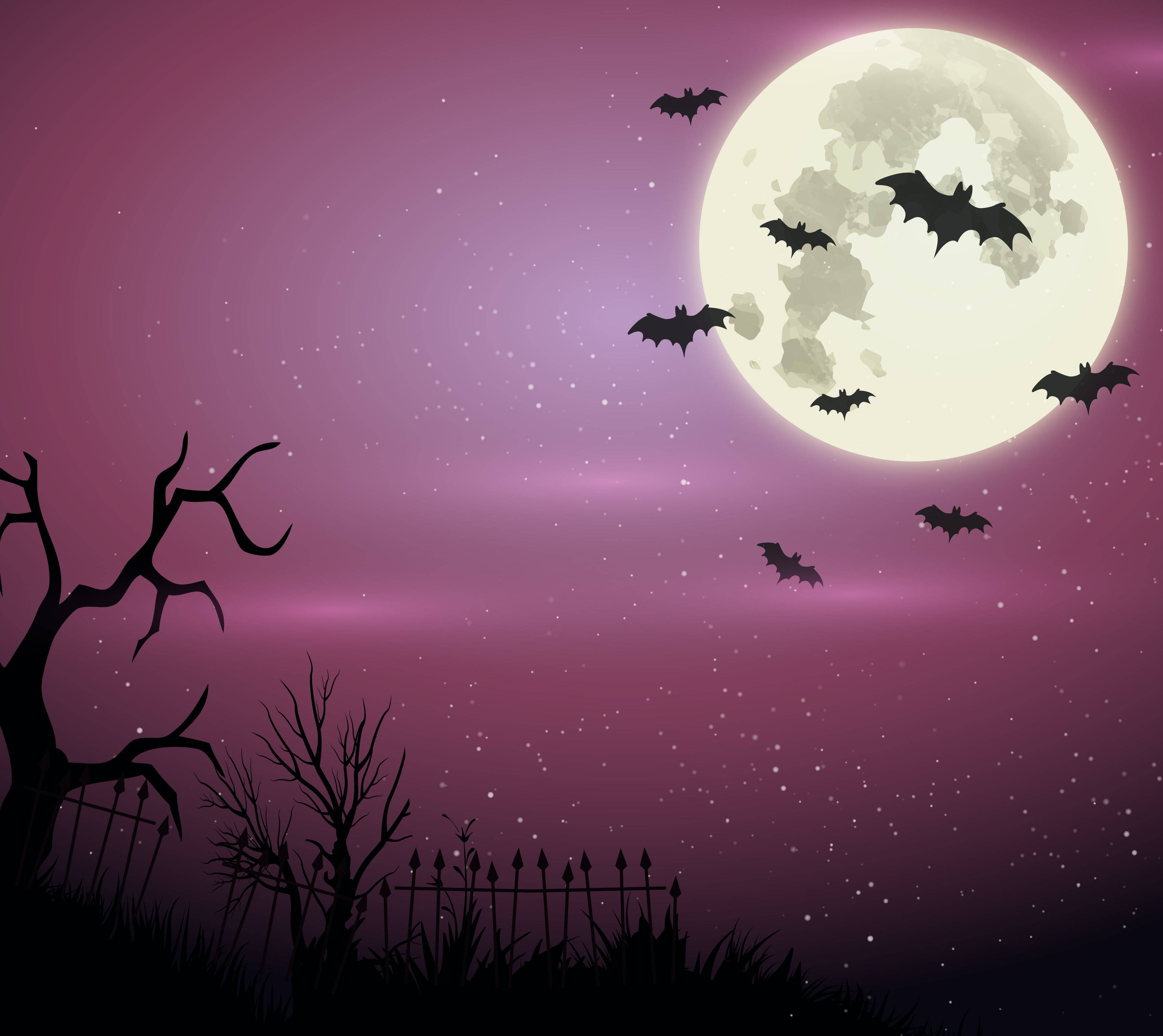 美學 桌布 壁紙 — 蝙蝠在明亮的滿月下飛翔，越過一個陰森的墓地，有光禿的樹木和籬笆，襯托著滿天星斗的紫色天空。