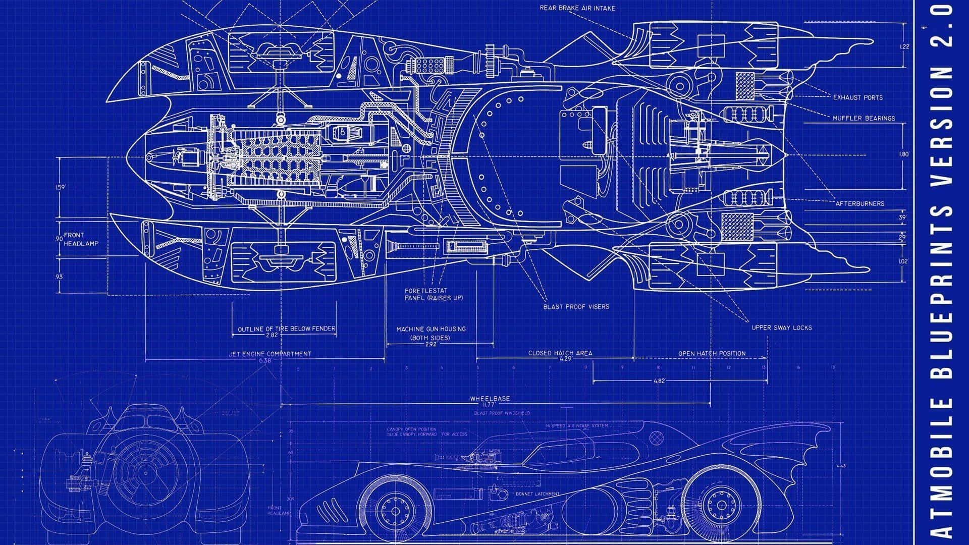 設計 桌布 壁紙 — 蝙蝠車的技術藍圖，在藍色方格紙上以詳細的白色線條繪製，顯示引擎排氣口和軸距。