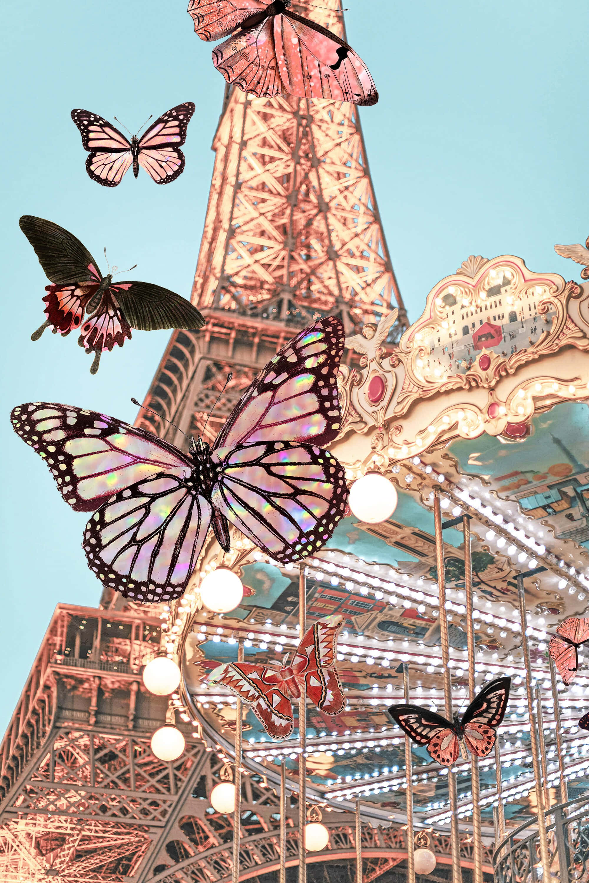 Eiffel Tower 桌布 壁紙 — 蝴蝶在閃爍的旋轉木馬周圍飛舞，背後是柔和的藍天下高聳的艾菲爾鐵塔。