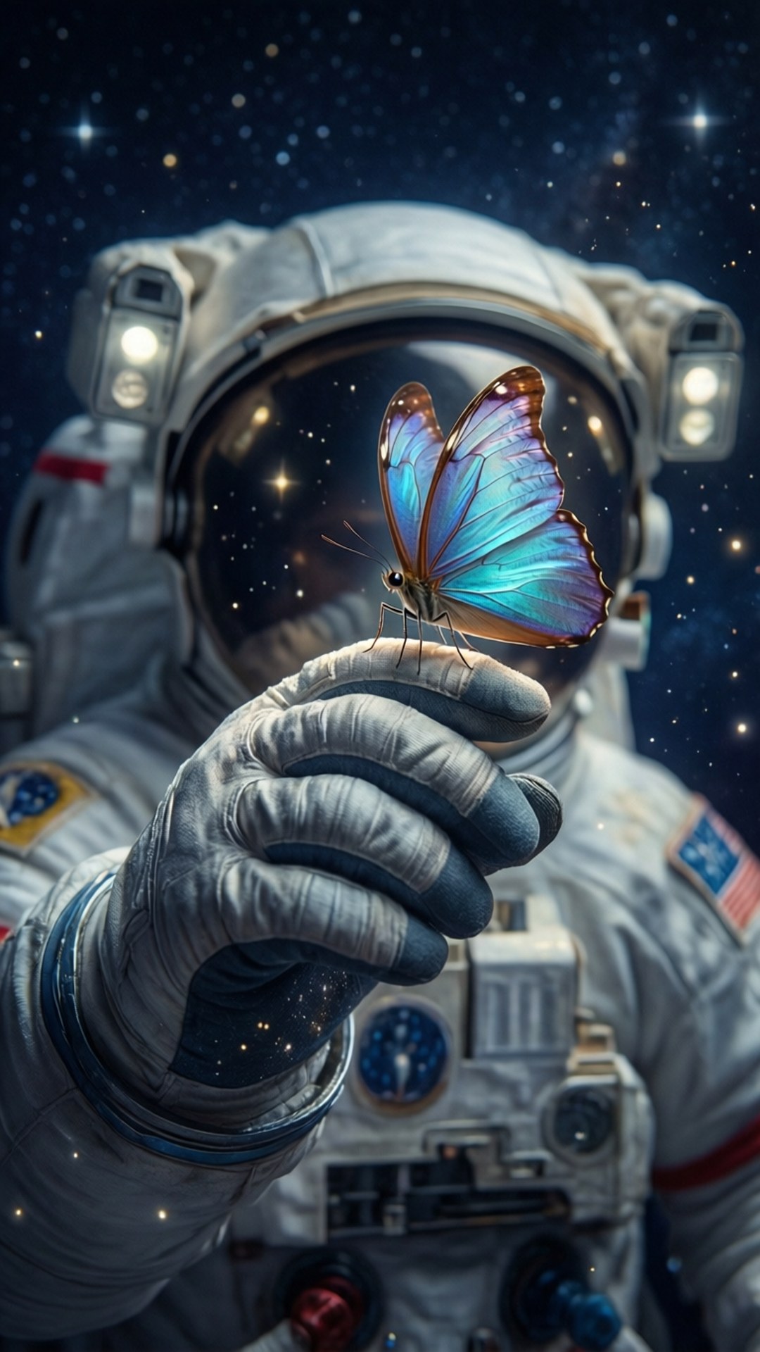 蝴蝶太空人夢境 壁紙 — 一位太空人在太空中輕輕捧著一隻鮮豔的藍色蝴蝶，背景是星光燦爛的宇宙。