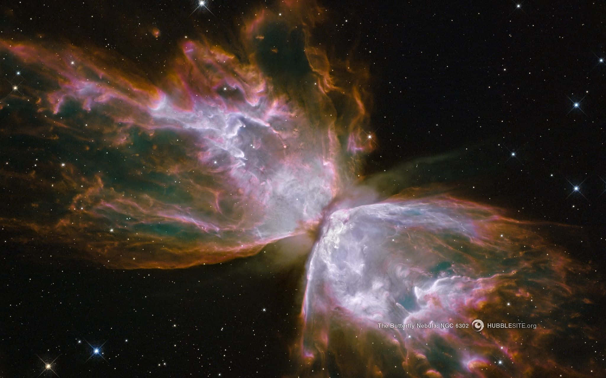 桌布 壁紙 — 蝴蝶星雲在星空中閃耀著粉紅、橙色和藍綠色的卷鬚，令人嘆為觀止。