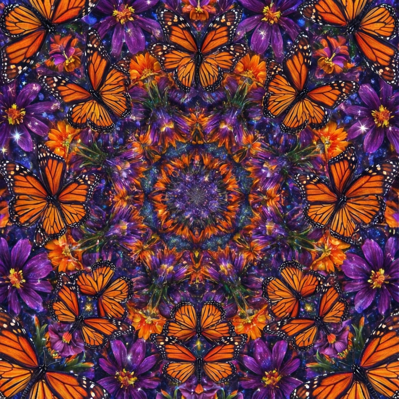 蝴蝶花卉万花筒 壁紙 — 充滿活力的曼陀羅，橙色帝王蝶和紫色花朵從閃爍的中心放射而出。