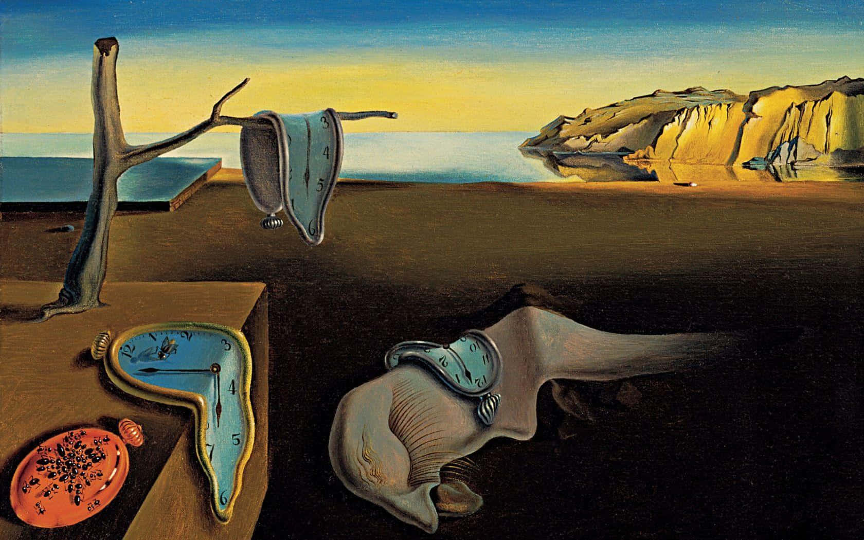 Surreal Art 桌布 壁紙 — 融化的時鐘從一棵荒蕪的樹上垂下，擱在一張桌子旁邊，旁邊是扭曲的海岸線，上方是超現實的天空。