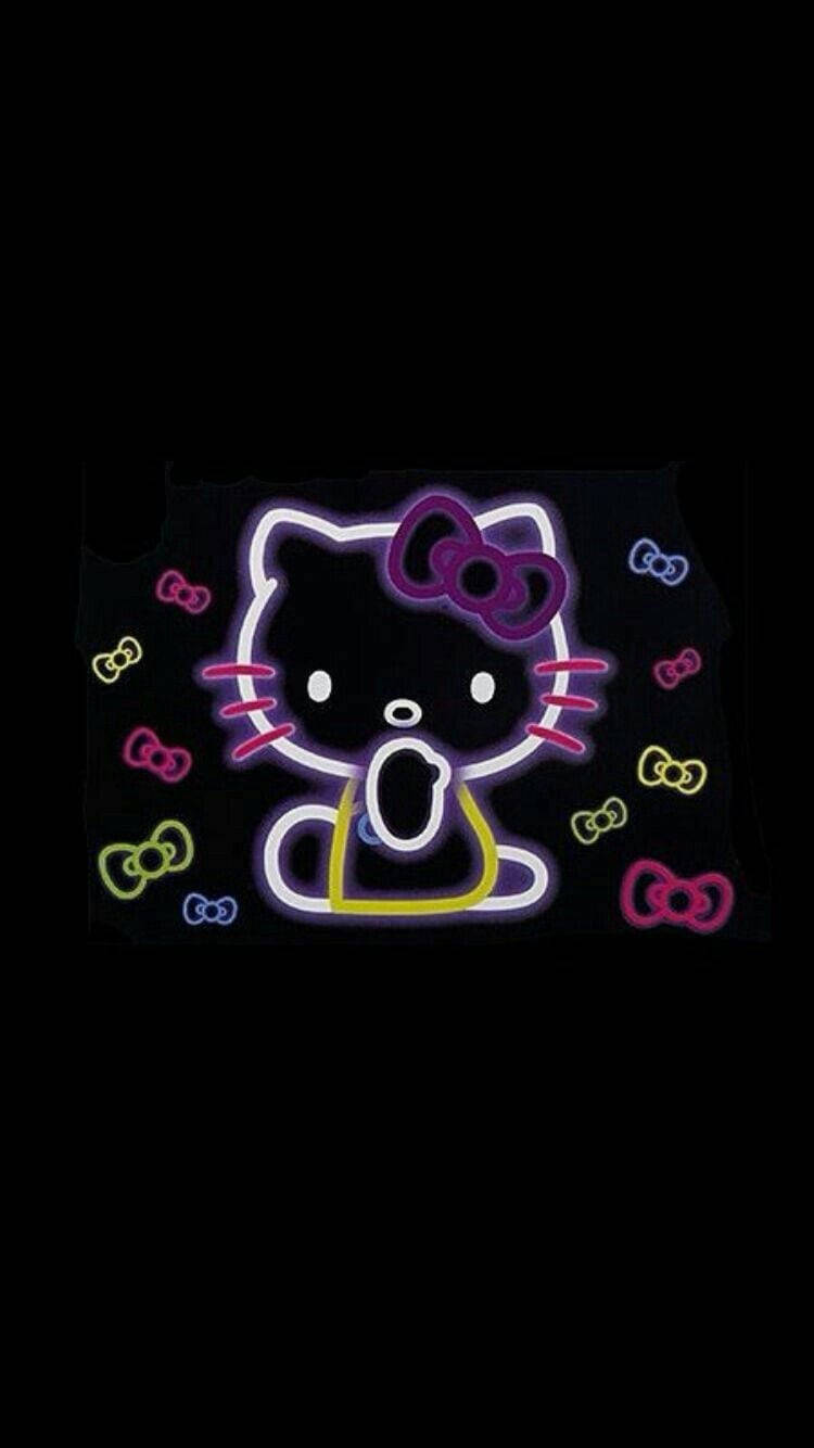 Kitty 桌布 壁紙 — 螢光粉紅、紫色和黃色的Hello Kitty在黑色背景上發光，周圍散落著蝴蝶結輪廓。