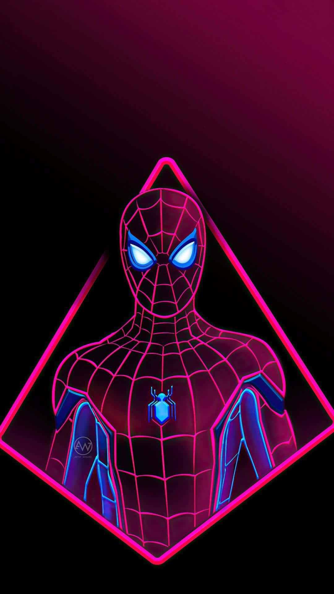 Neon Pink 桌布 壁紙 — 螢光粉紅和藍色的蜘蛛人以發光線條勾勒，站在鑽石框架內，背景為深色漸變。