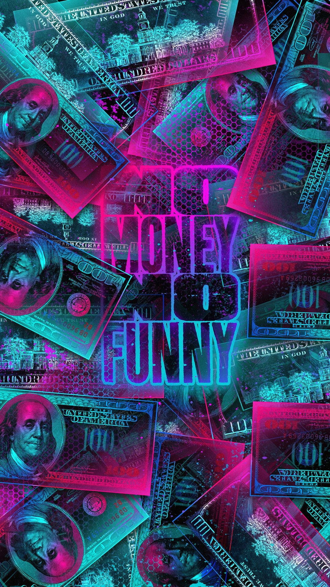 money iPhone 桌布 壁紙 — 螢光粉紅和青色的一百美元鈔票圍繞著發光的文字「no money no funny」旋轉，呈現數位故障風格。