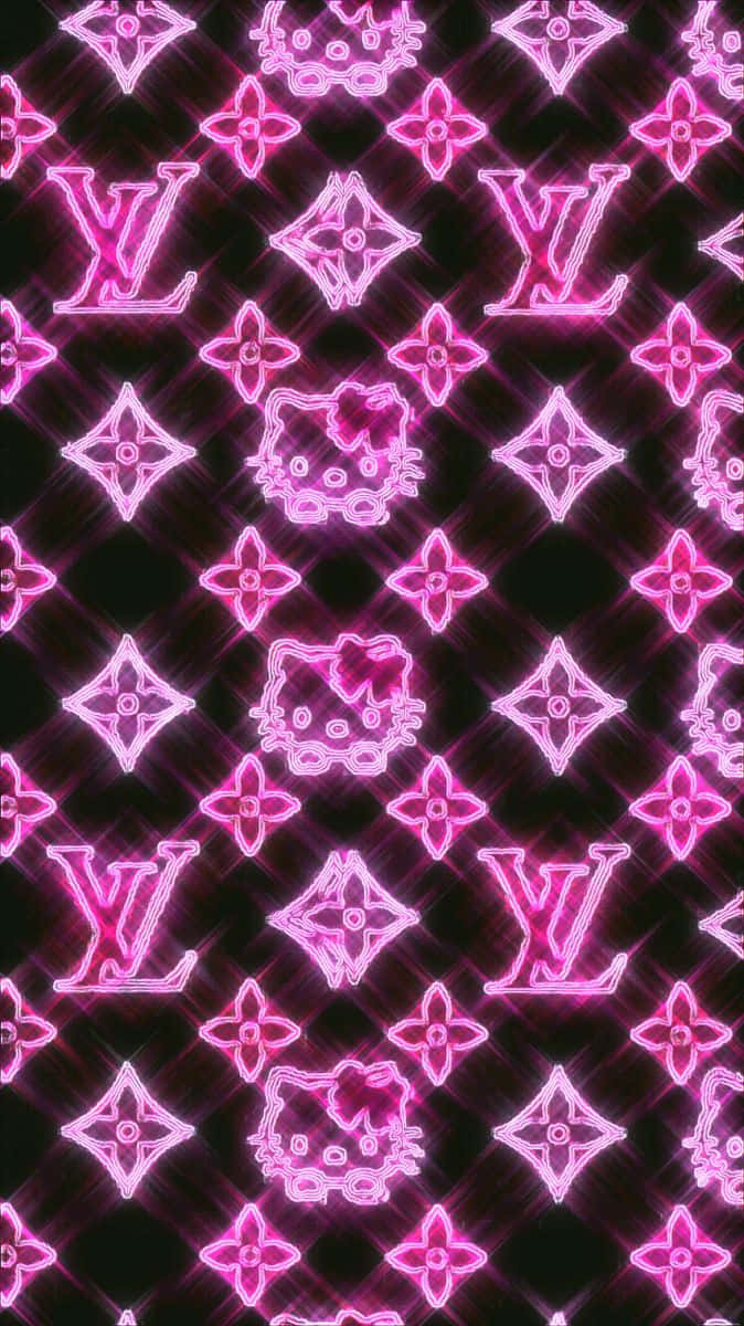 桌布 壁紙 — 螢光粉紅色的 Louis Vuitton 標誌和 Hello Kitty 頭像在深色背景上以重複圖案發光。