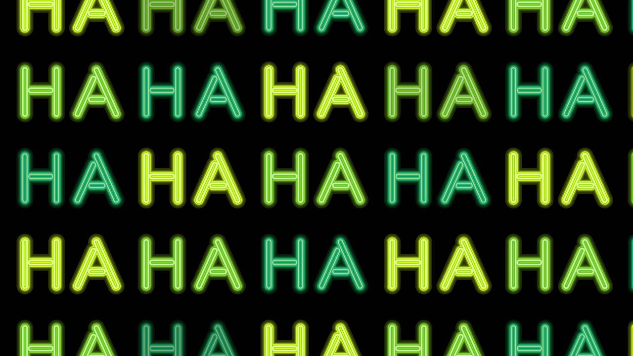 Hahaha 桌布 壁紙 — 螢光綠色和青色 'HAHAHA' 文字在黑色背景上以發光網格重複。