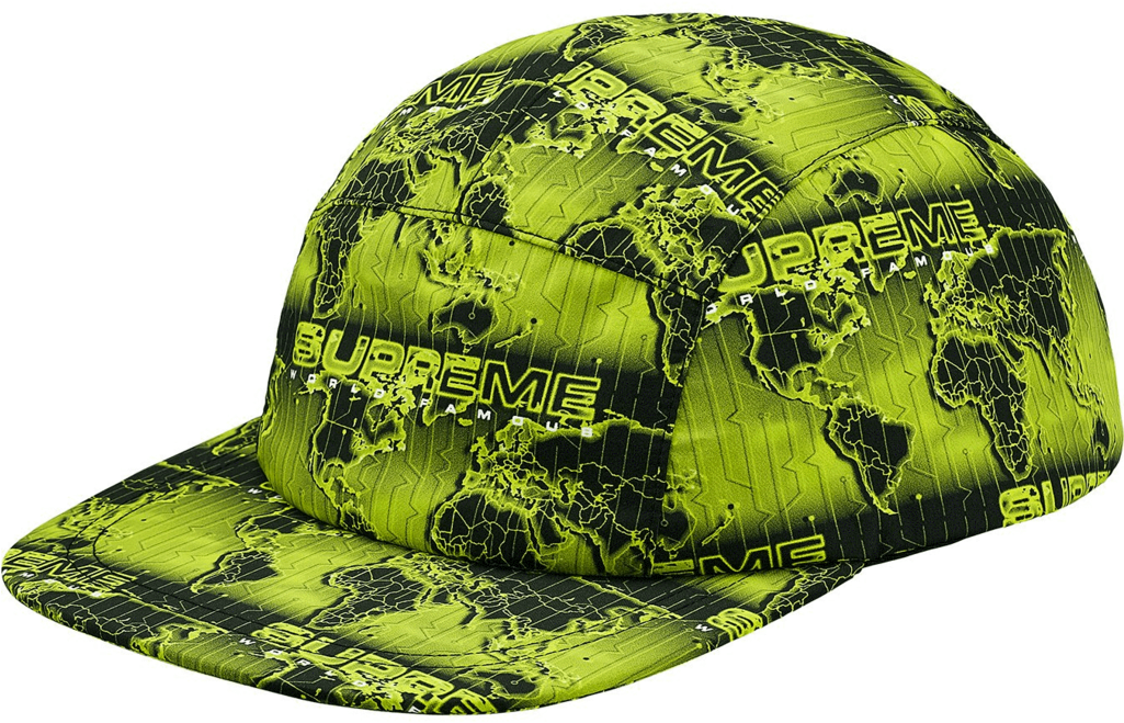 supreme 桌布 壁紙 — 螢光綠色棒球帽，帶有世界地圖和重複的Supreme標誌，以發光黑色呈現，背景透明。