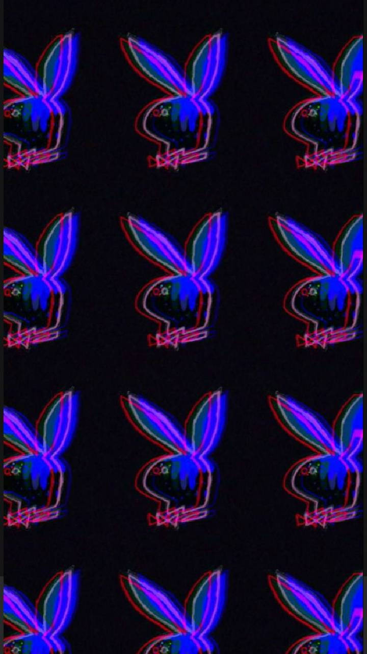 花花公子 桌布 壁紙 — 螢光藍色和粉紅色的Playboy兔子標誌在黑色背景上以重複網格圖案發光。