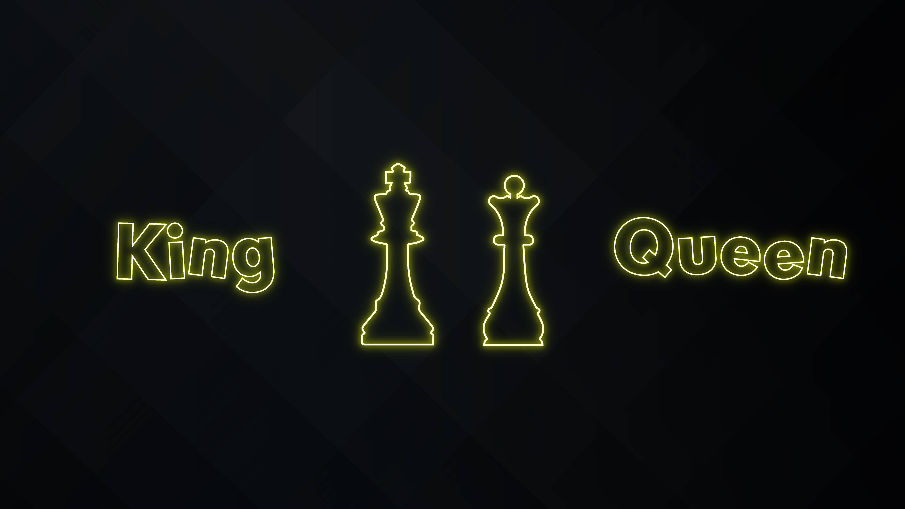Queen 桌布 壁紙 — 螢光黃色輪廓的西洋棋國王和王后棋子，它們的名字在深色幾何背景上發光。