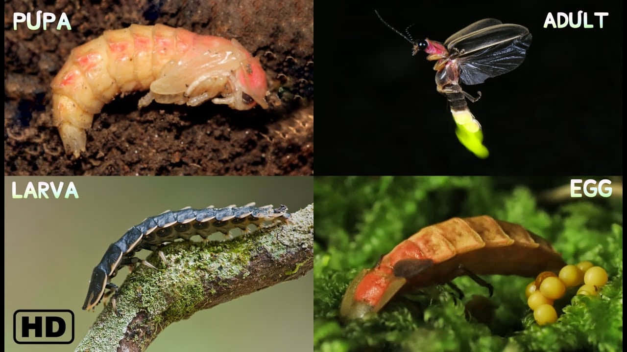 firefly 桌布 壁紙 — 螢火蟲的四個生命階段特寫：蛹、幼蟲、成蟲和卵，每個都在自然棲息地中。