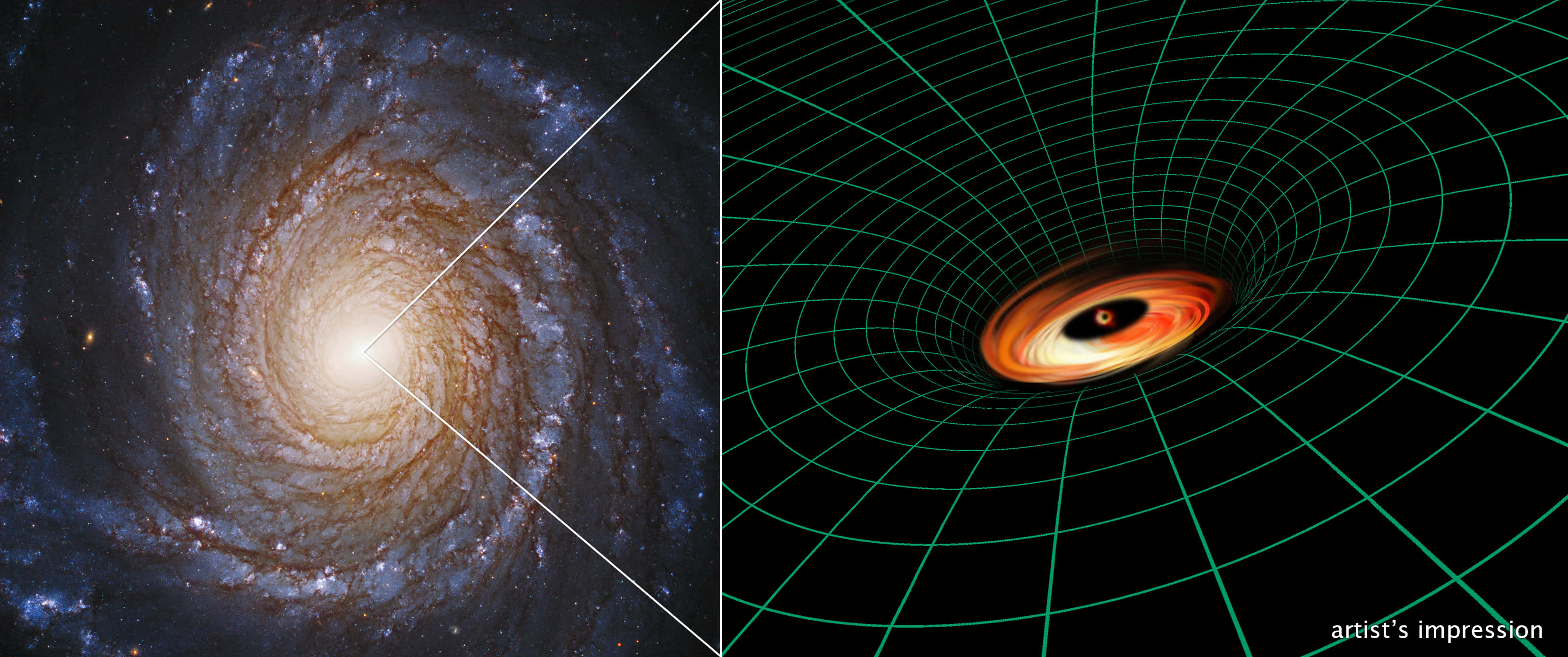 Black Hole Hubble Telescope 桌布 壁紙 — 螺旋星系和帶有吸積盤及扭曲時空網格的黑洞的分割視圖。