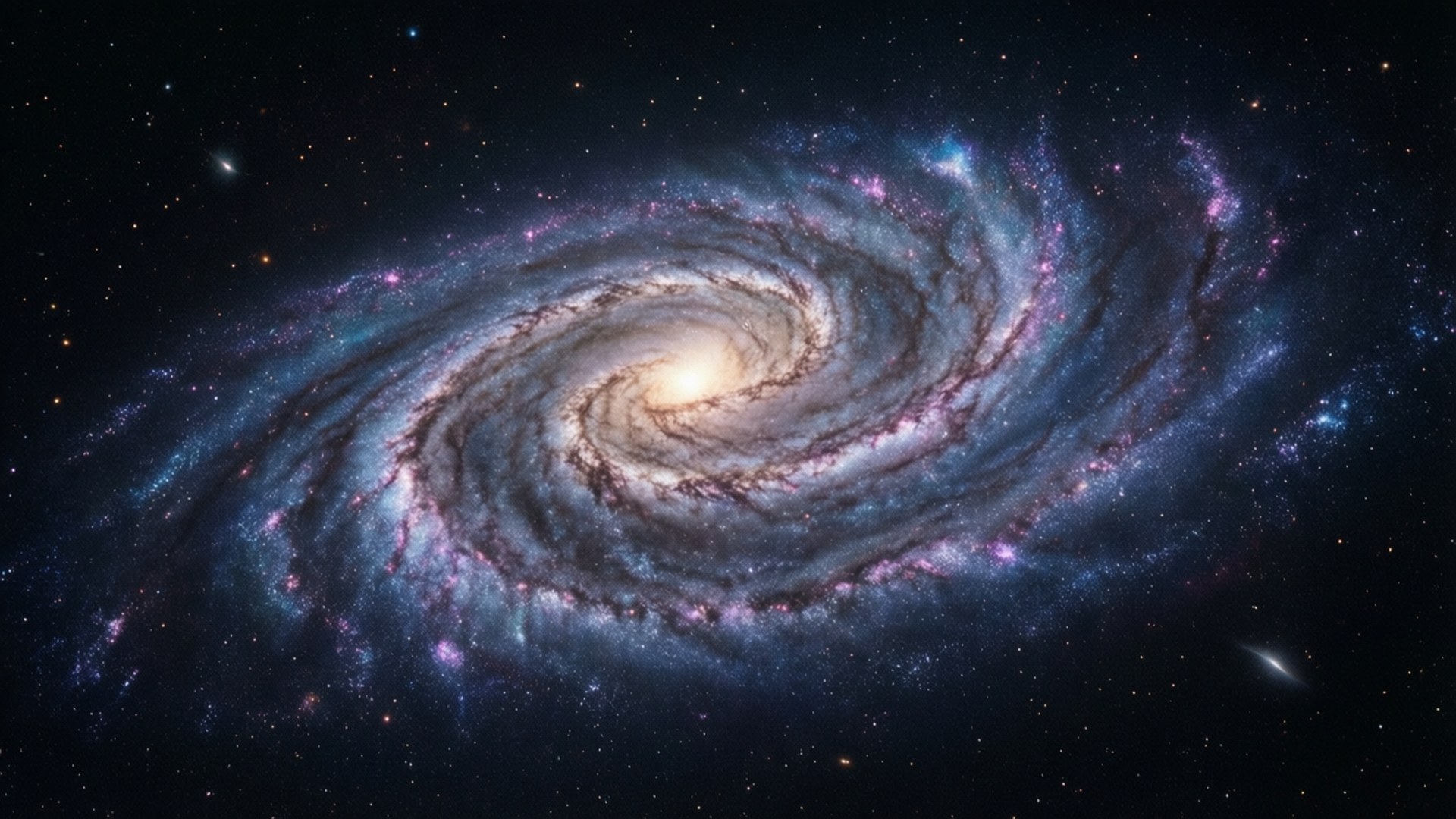 令人驚嘆的廣角視角，展現螺旋星系明亮的核心與紫色色調。