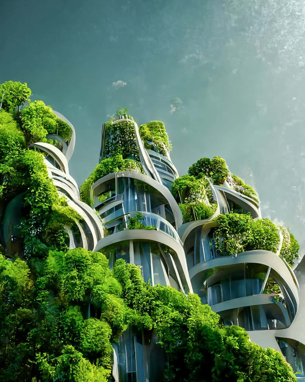 Green Buildings 桌布 壁紙 — 螺旋狀的未來主義摩天大樓被茂密綠植覆蓋，在清澈的藍天下聳立。