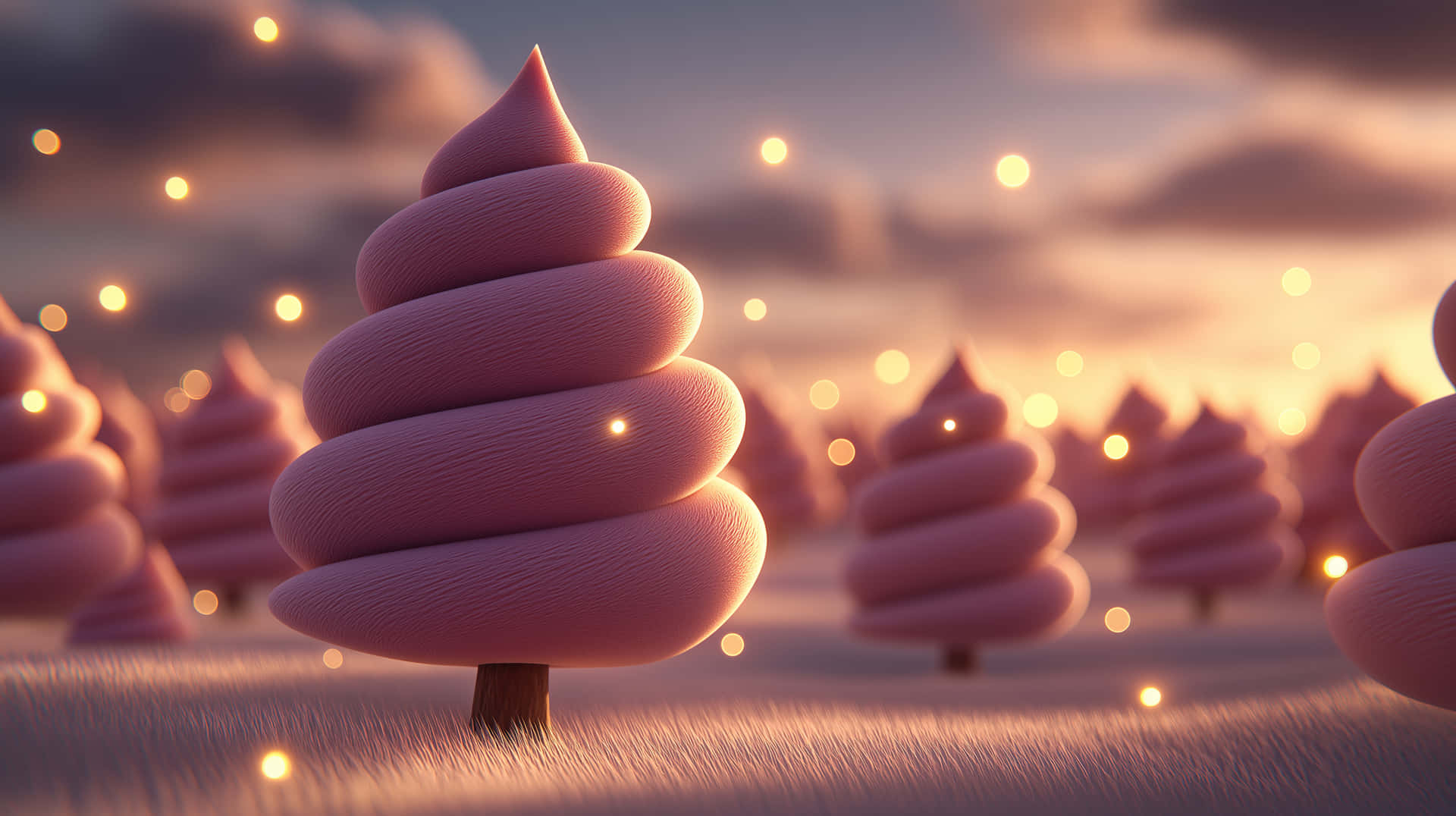 Magical Swirled Candy Trees with Gentle Floating Lights 壁紙 — 螺旋粉紅樹木帶有紋理層次，立於田野中，暮色天空點綴著發光球體。