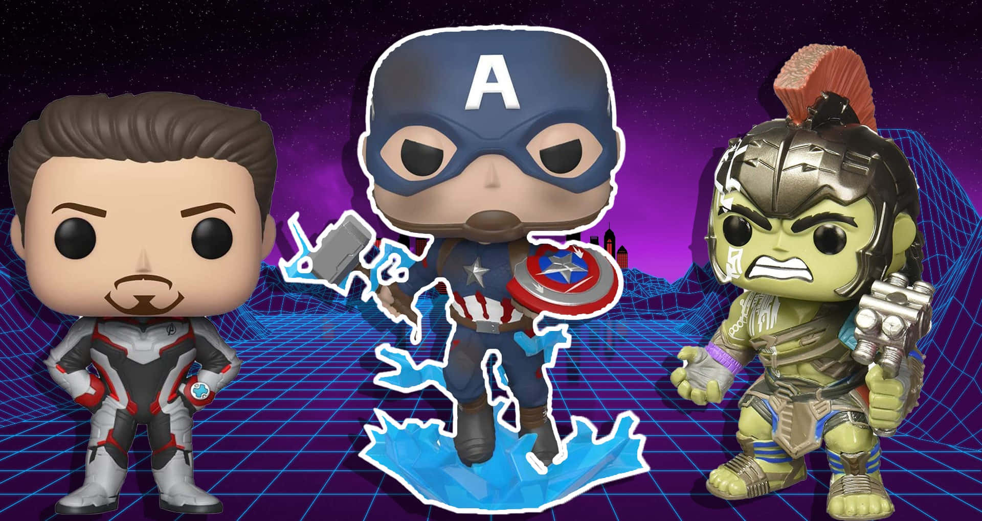 Iron Man Pop Figures 桌布 壁紙 — 蟻人、美國隊長和浩克的三個Funko Pop人偶站在發光的紫色網格背景前，背景有星星。