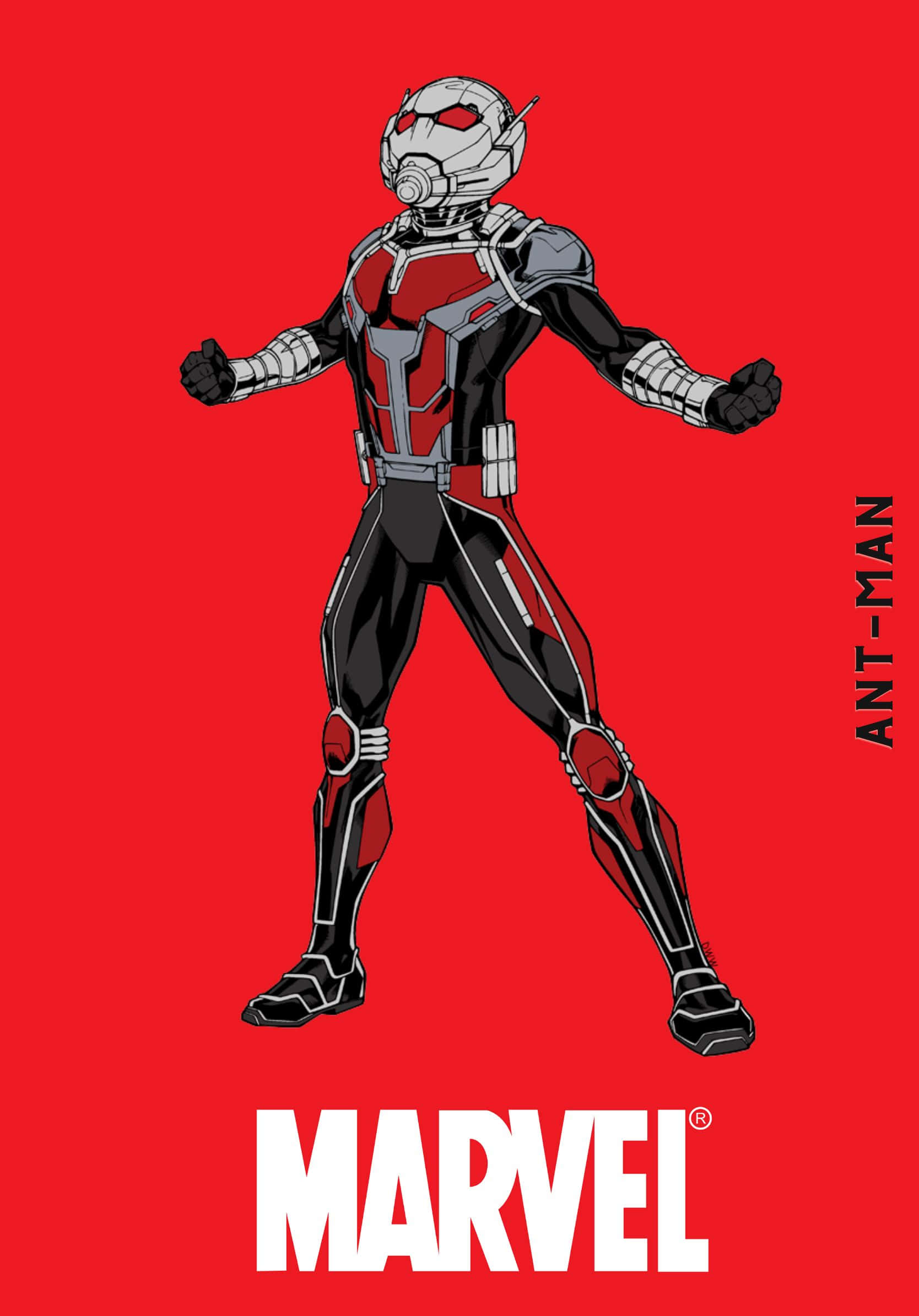 Best Marvel 桌布 壁紙 — 蟻人自信地穿著紅黑色戰衣，站在帶有Marvel標誌的鮮紅色背景前。
