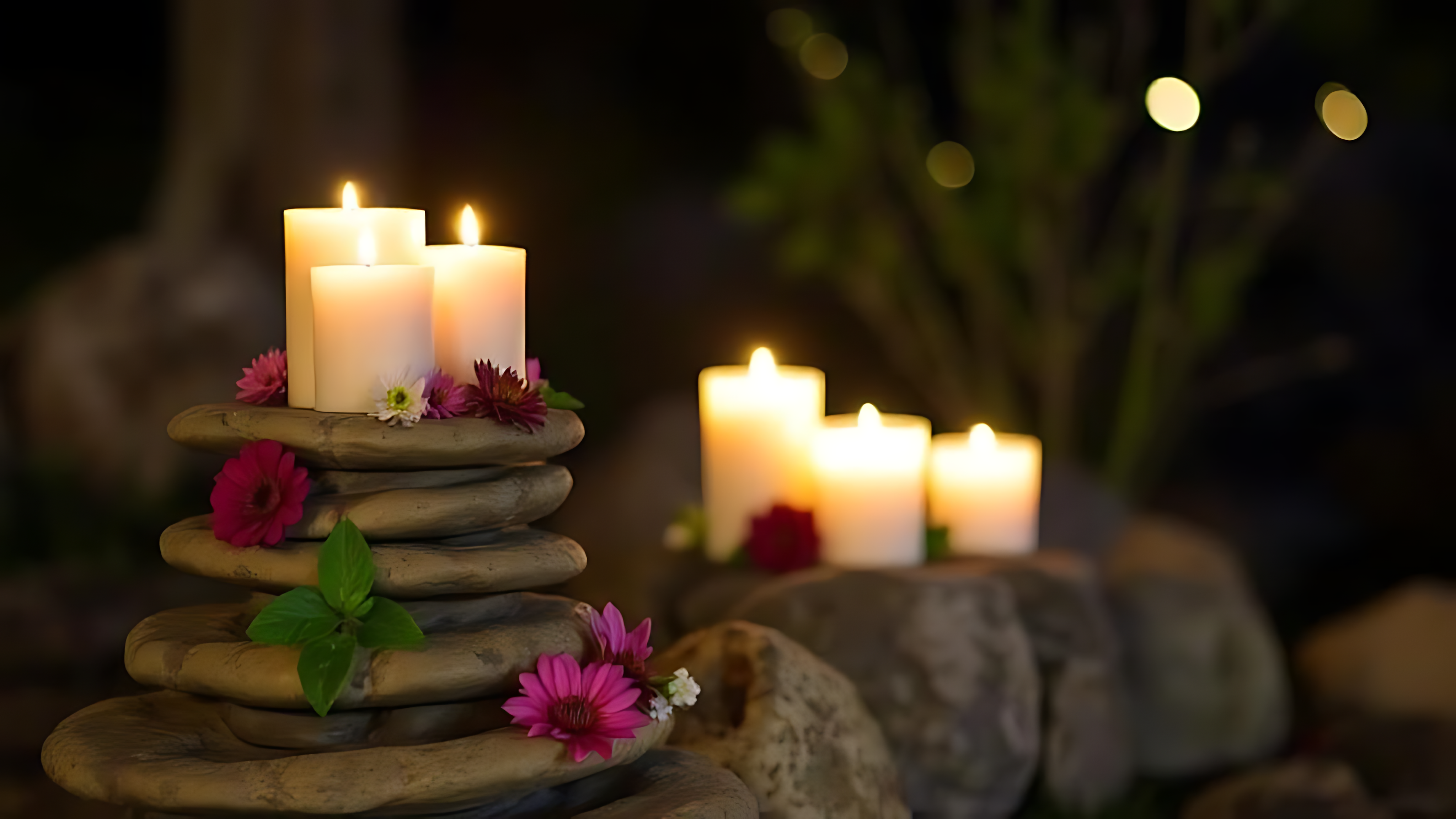 candles 桌布 壁紙 — 蠟燭在堆疊的石頭上溫暖地發光，石頭裝飾著粉紅色的花朵和綠色的葉子，在寧靜的花園夜裡。