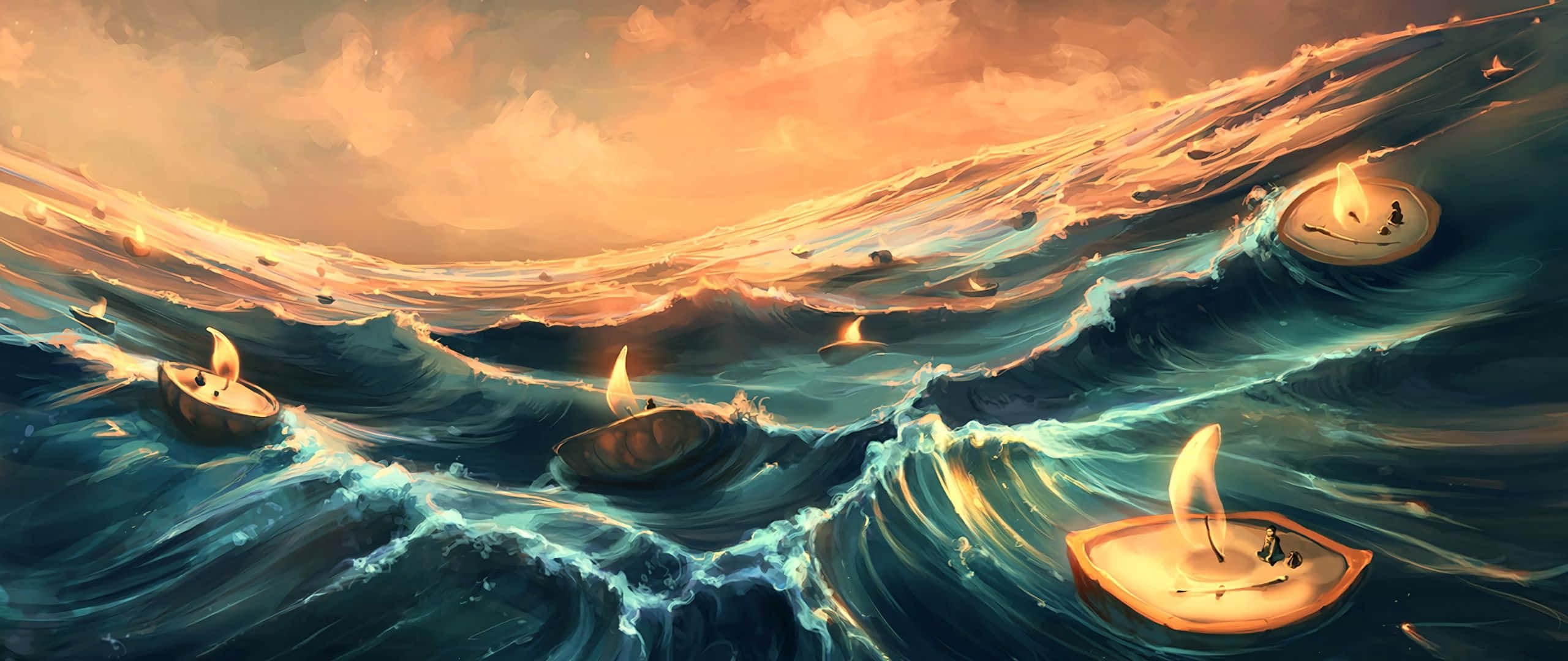 海洋 桌布 壁紙 — 蠟燭在波濤洶湧的海浪上漂浮，背景是火紅的橙色日落天空。