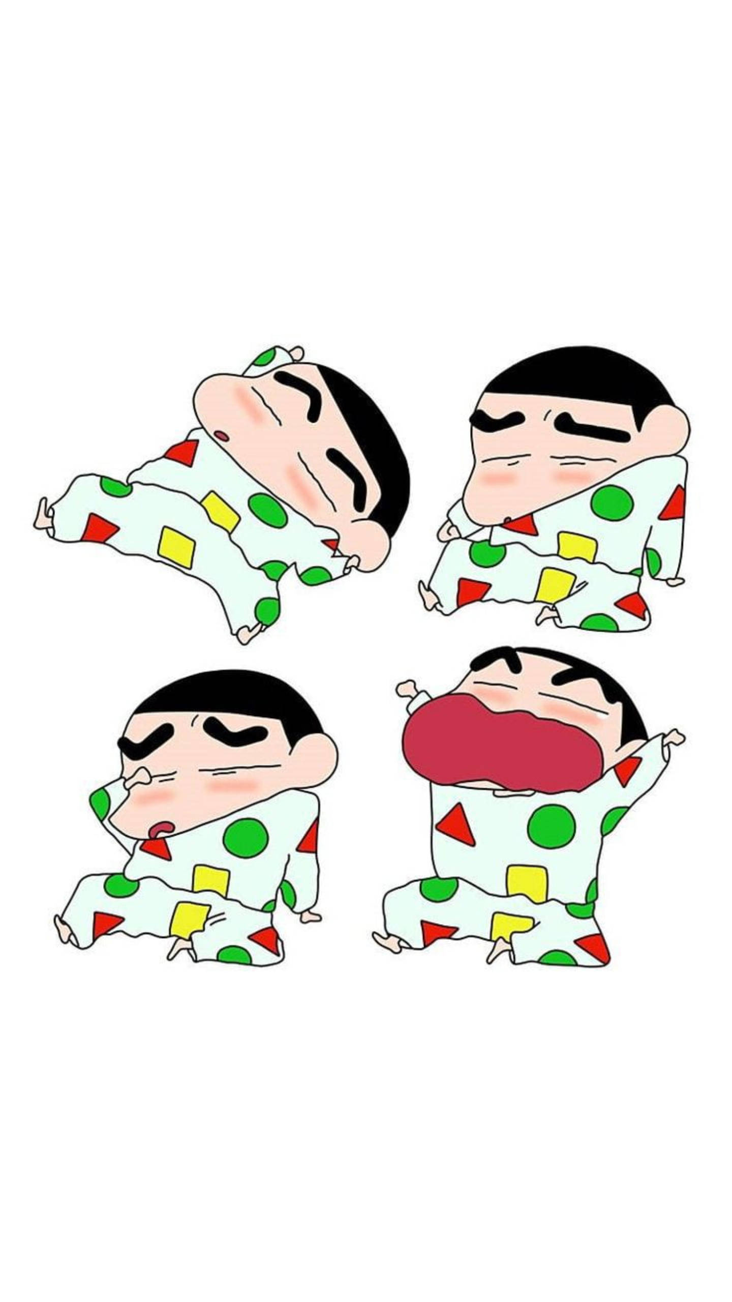 shinchan 桌布 壁紙 — 蠟筆小新以四個調皮姿勢穿著彩色睡衣，背景為純白色。