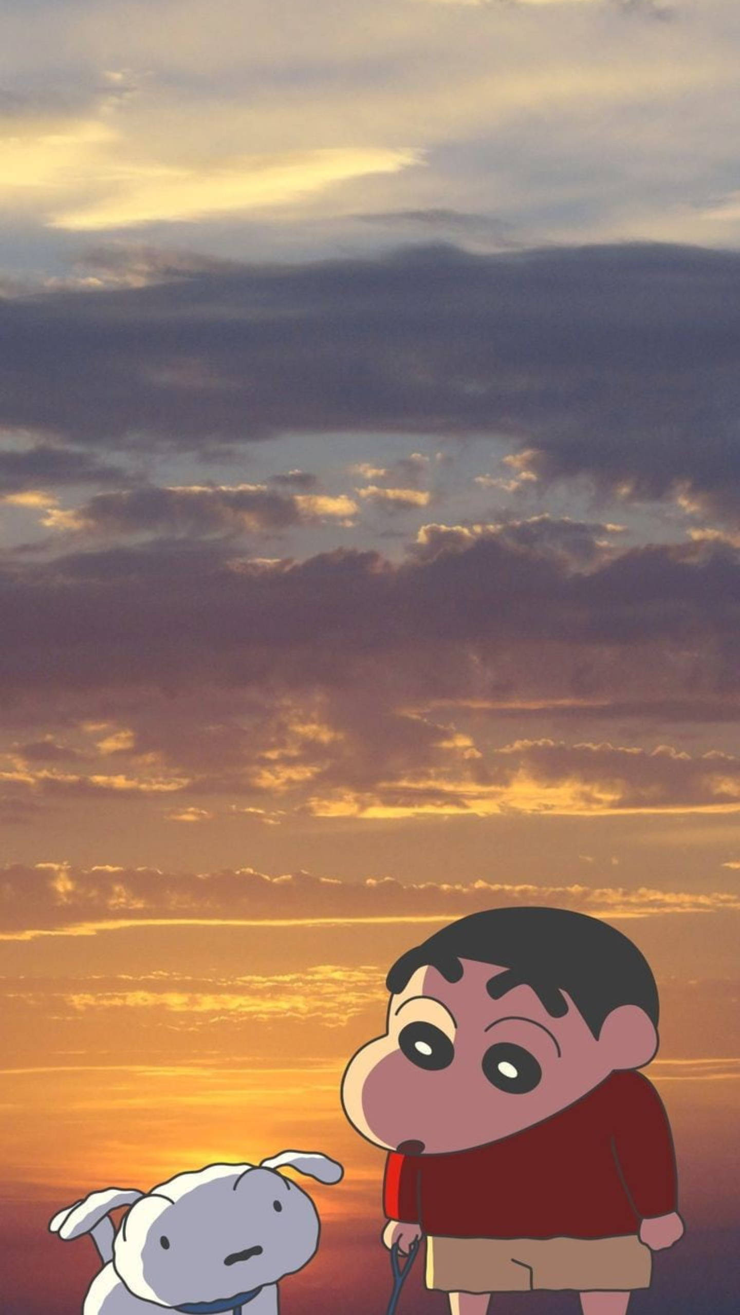shinchan 桌布 壁紙 — 蠟筆小新和他的狗仰望戲劇性的日落天空，有金色雲彩和紫色色調。