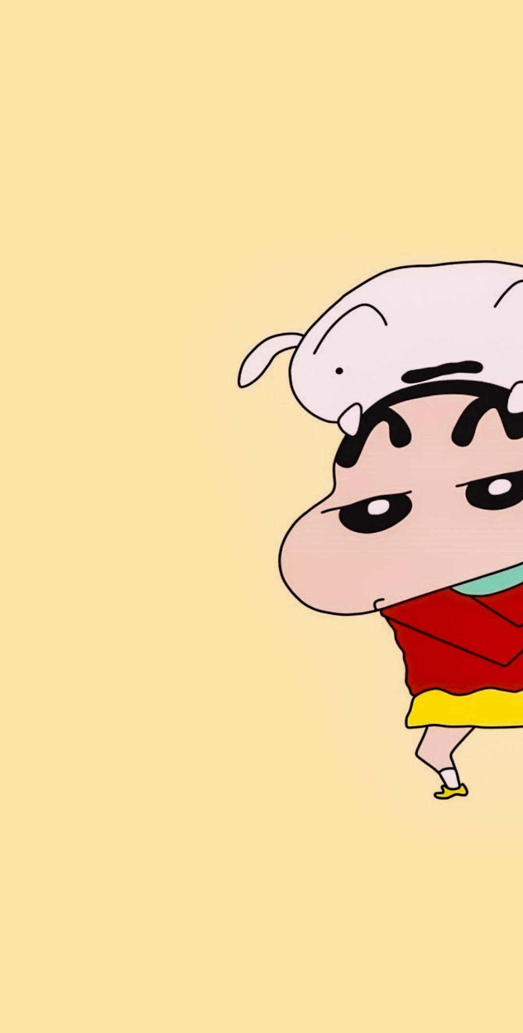 shinchan 桌布 壁紙 — 蠟筆小新和他的狗坐在純黃色背景上，採用極簡動漫風格。