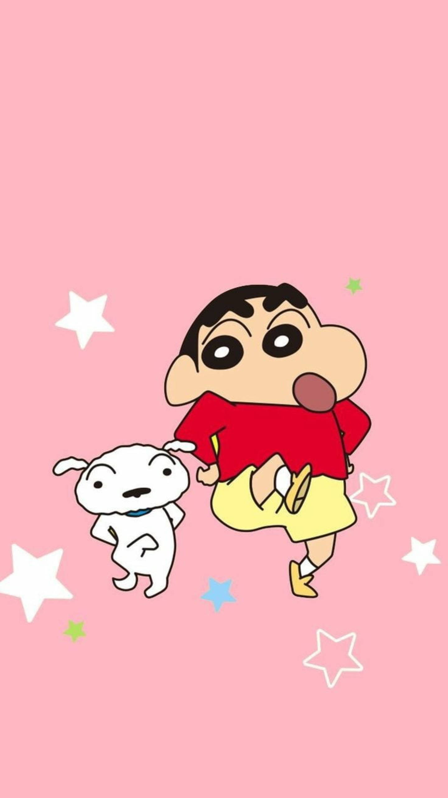 shinchan 桌布 壁紙 — 蠟筆小新和他的狗小白在點綴著彩色星星的粉紅色背景上快樂地奔跑。