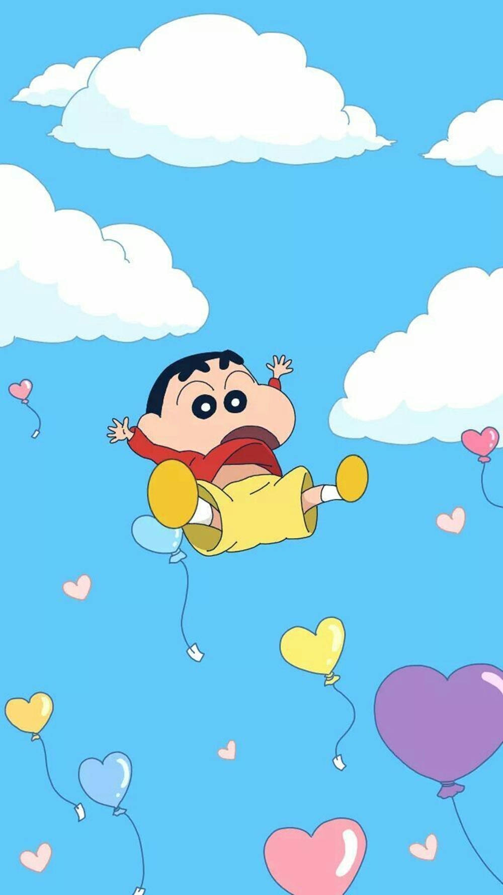 動漫男孩 桌布 壁紙 — 蠟筆小新在明亮的藍天中快樂地漂浮，周圍是柔軟的雲朵和色彩繽紛的心形氣球。