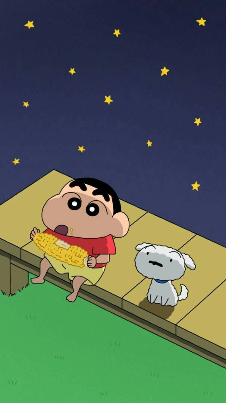 蠟筆小新 桌布 壁紙 — 蠟筆小新在星空下的木製甲板上和他的狗一起吃玉米。
