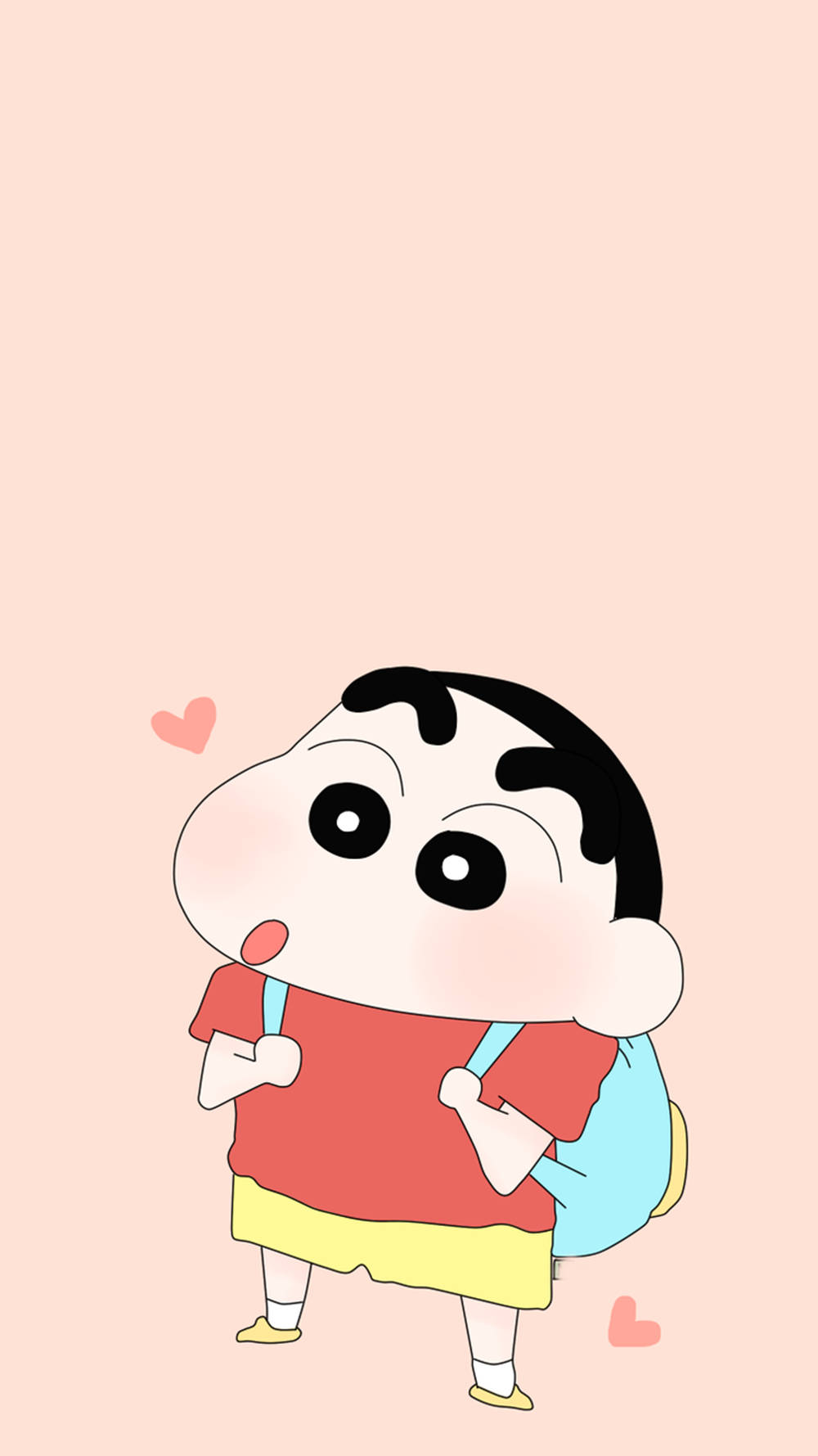 shin chan iPhone 桌布 壁紙 — 蠟筆小新在柔和的粉紅色背景前開心地站著，周圍有漂浮的心形。